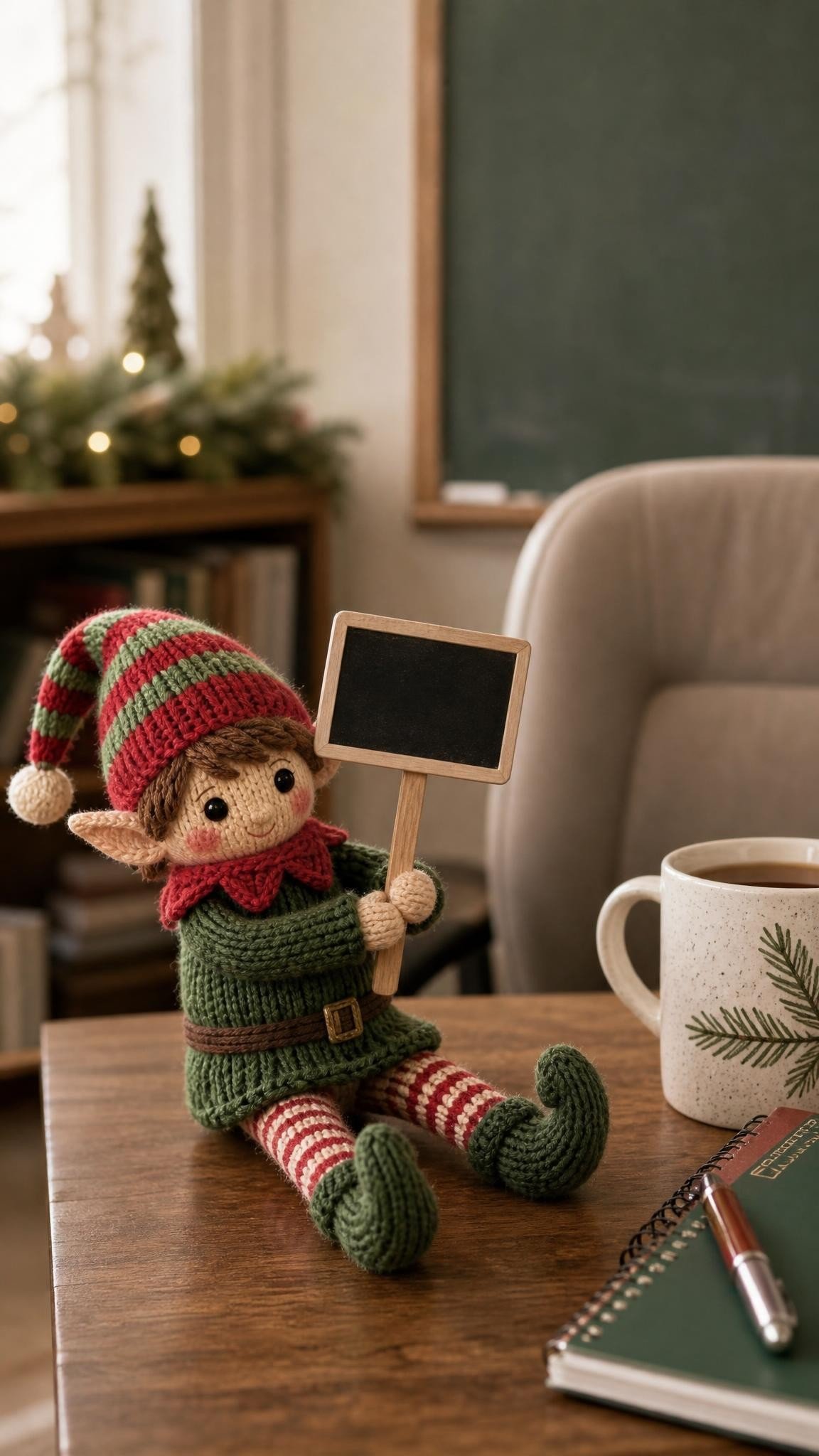 Knitted elf doll sitting at a teacher's desk holding a small sign