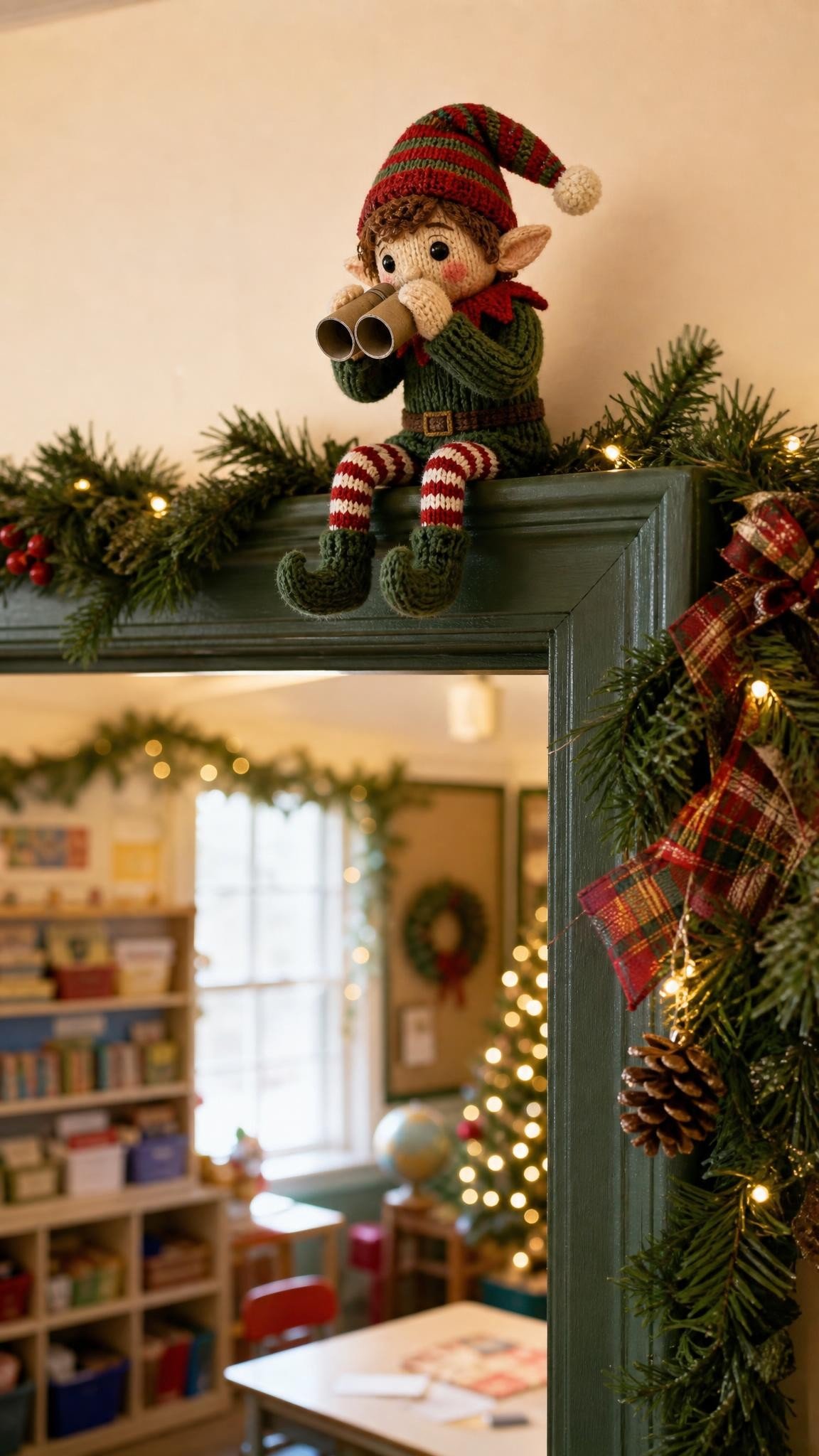 Knitted elf doll perched on a decorated classroom door frame looking through paper binoculars