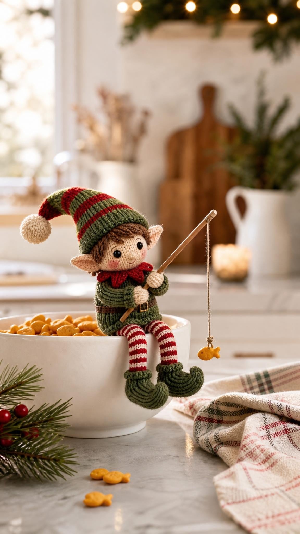 Knitted elf doll sitting on the edge of a white bowl holding a pencil fishing rod with string, small orange fish crackers in the bowl