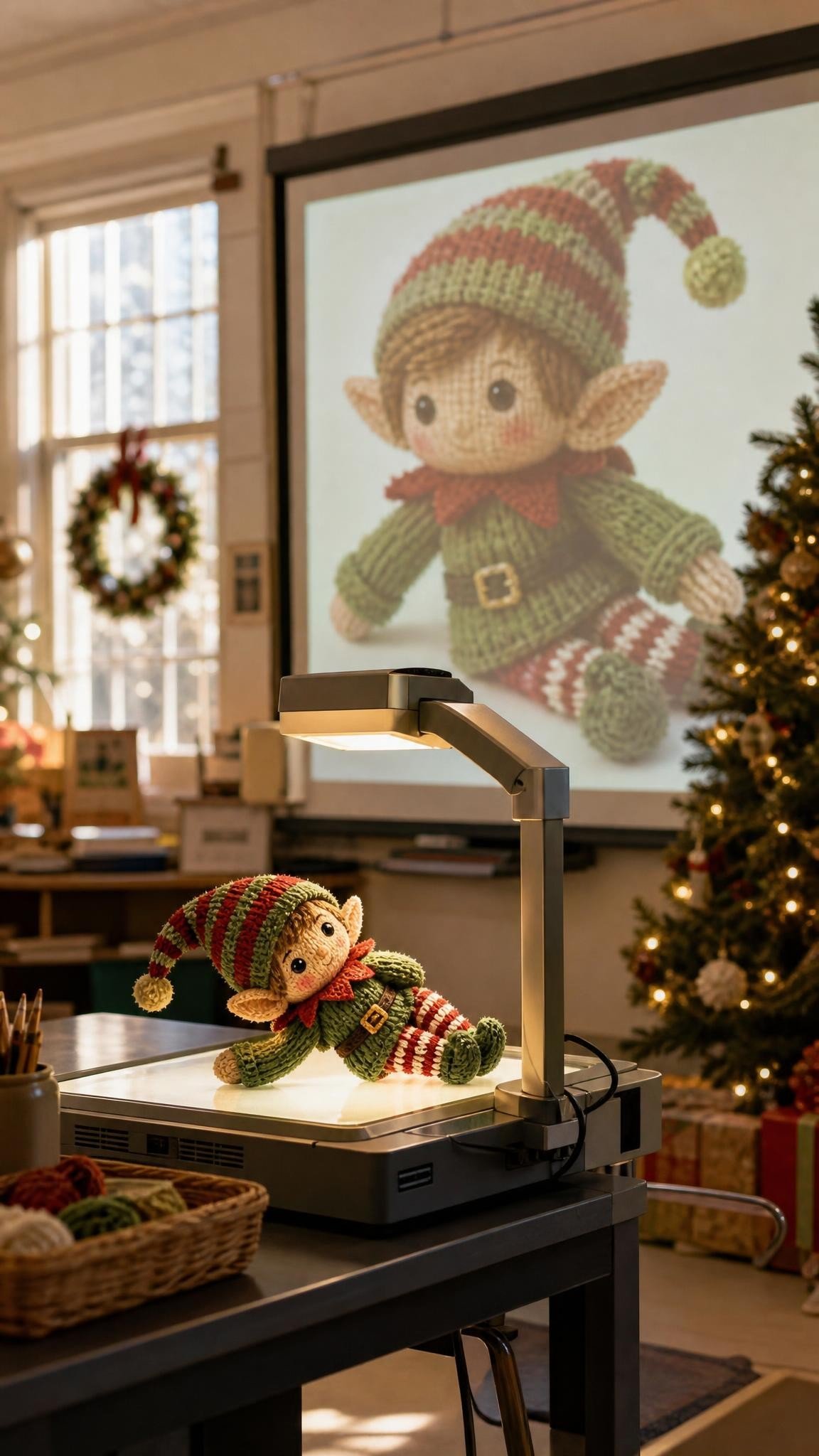 Knitted elf doll under a classroom document camera with its projection on the screen