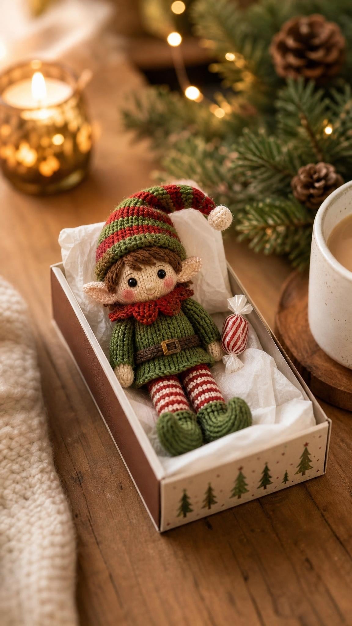Knitted elf doll tucked into a tiny box bed with a tissue blanket