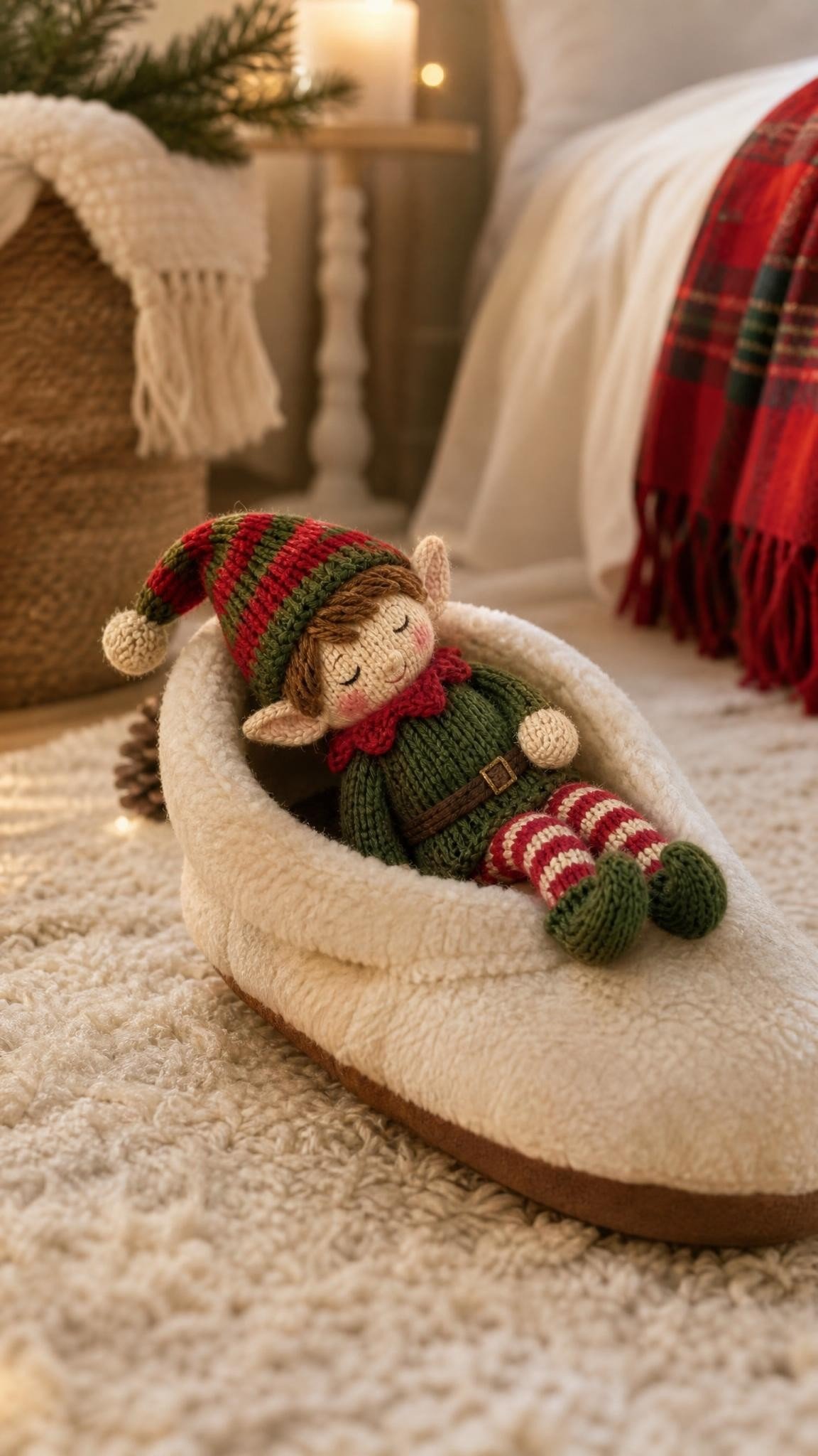 Knitted elf doll asleep inside a fluffy slipper