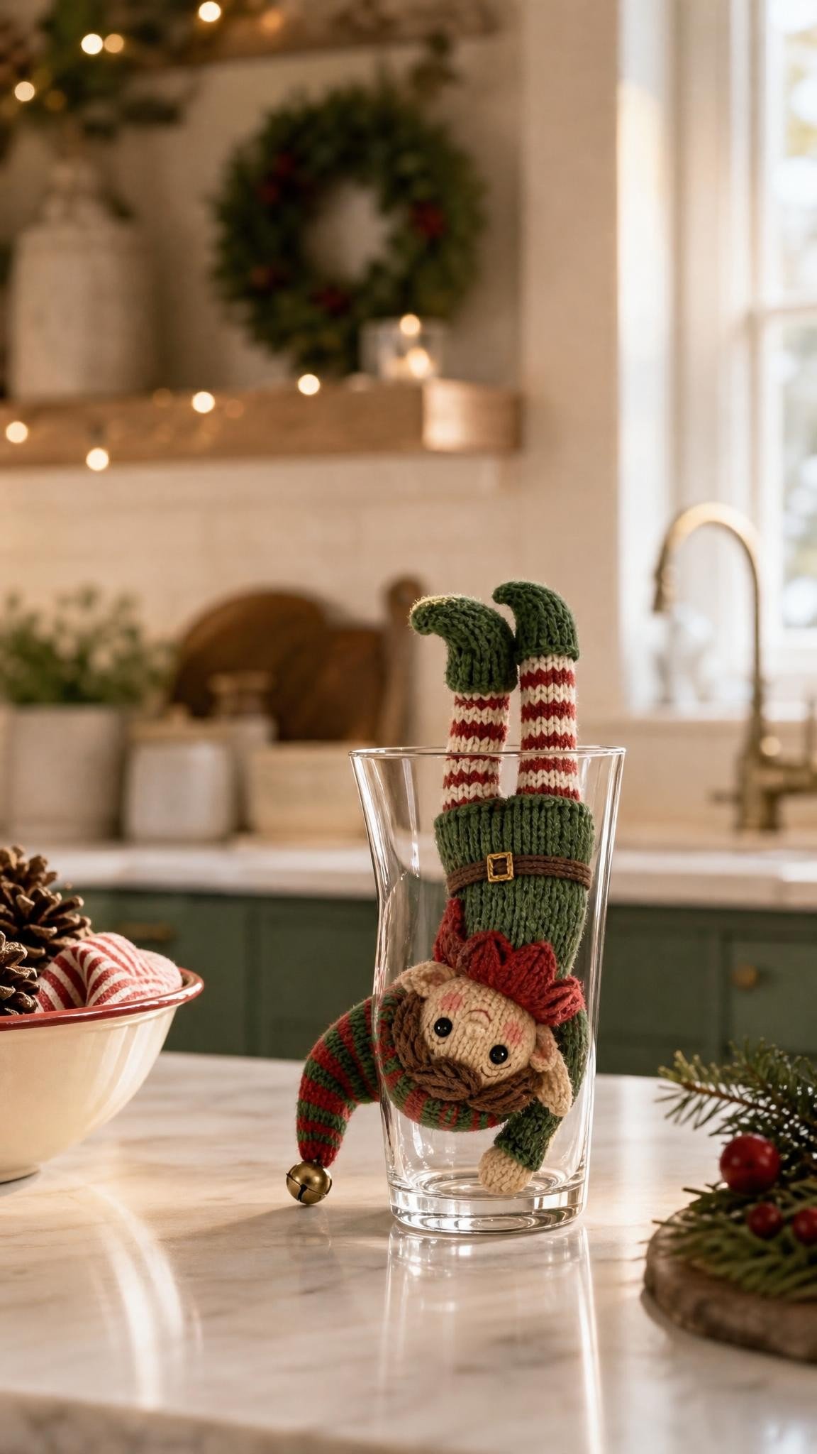 Knitted elf doll upside down inside a clear drinking glass on a kitchen counter