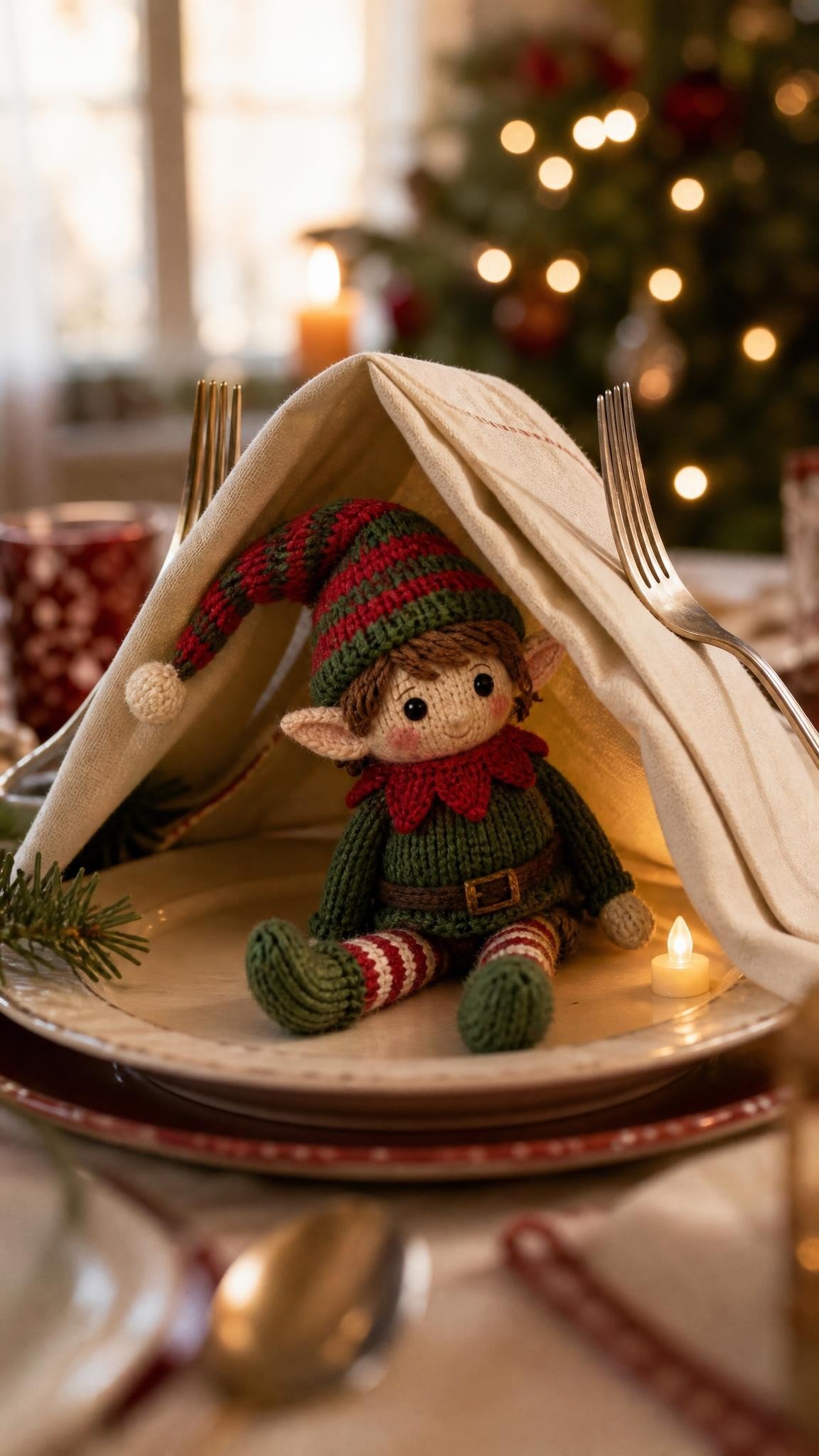 Knitted elf doll inside a tiny napkin fort on a dining table