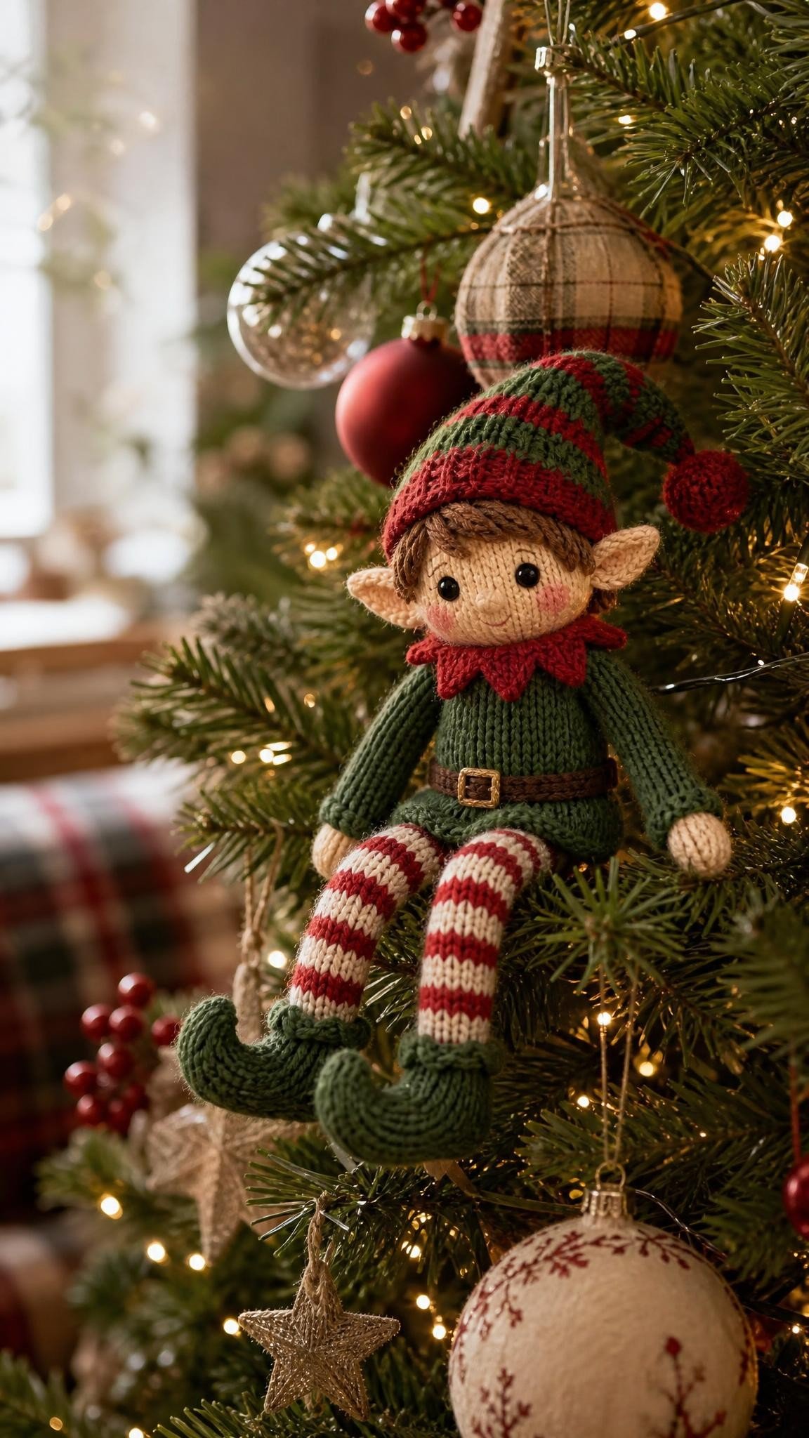 Knitted elf doll sitting on a branch of a decorated Christmas tree