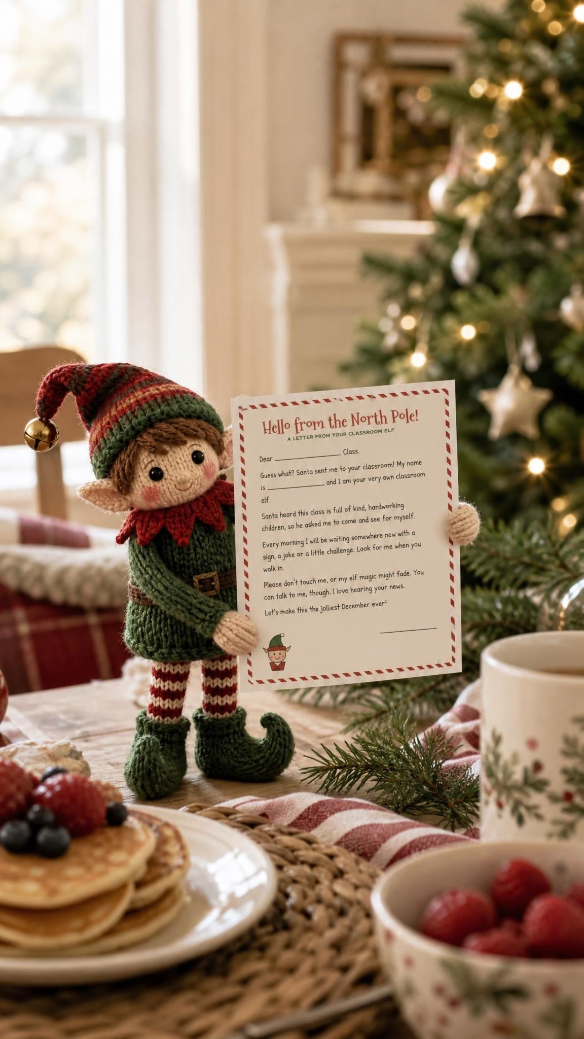 Knitted elf doll on a breakfast table holding a printed elf arrival letter