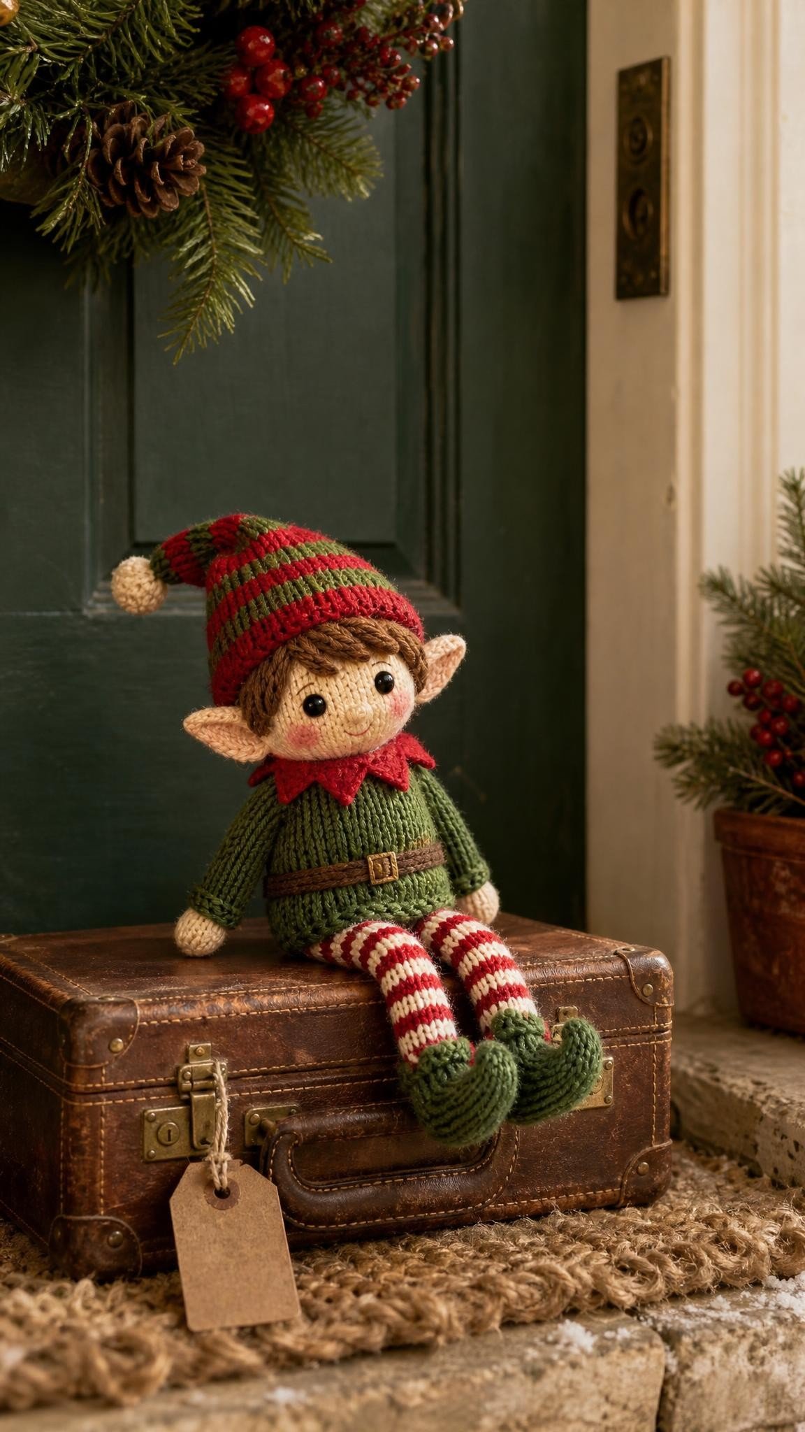 Knitted elf doll sitting on a tiny vintage suitcase with a luggage tag by the front door