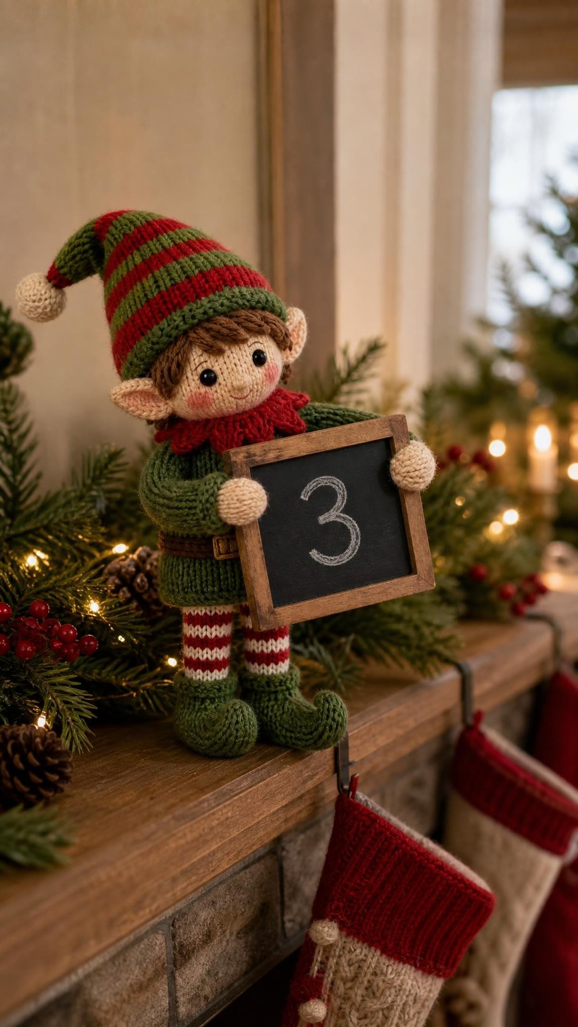 Knitted elf doll holding a chalkboard sign with the number 3 on a mantelpiece