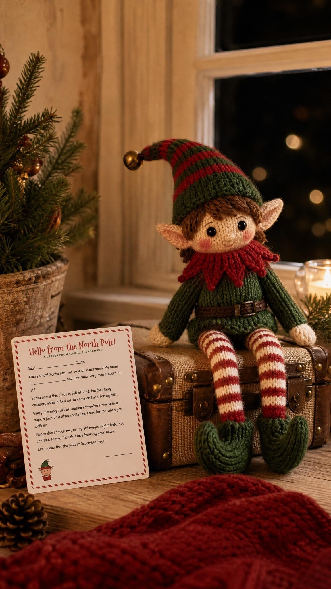 Knitted elf doll on a tiny suitcase by a window at night next to a printed elf goodbye letter