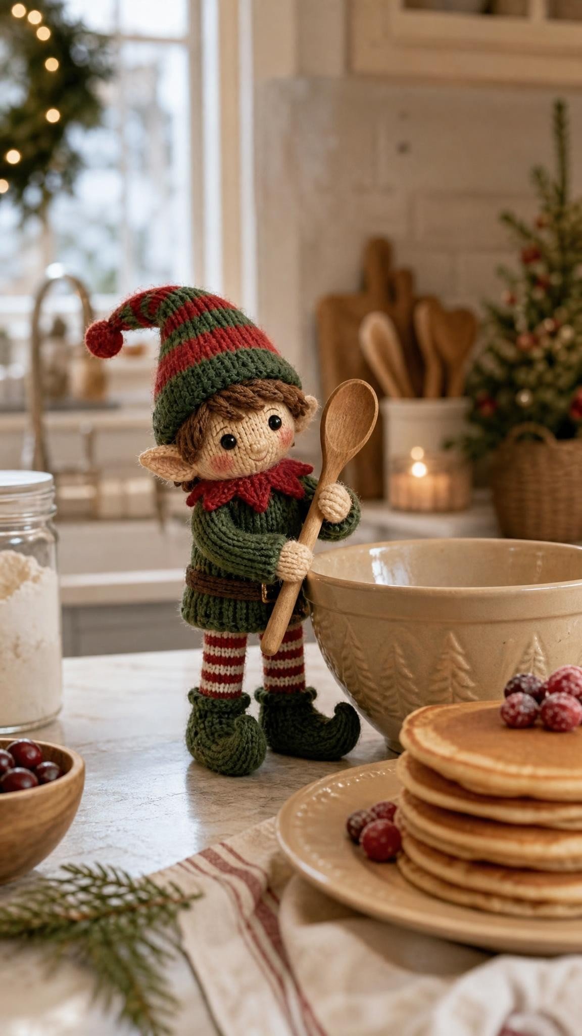 Knitted elf doll standing on a kitchen counter holding a wooden spoon next to a mixing bowl and a stack of pancakes