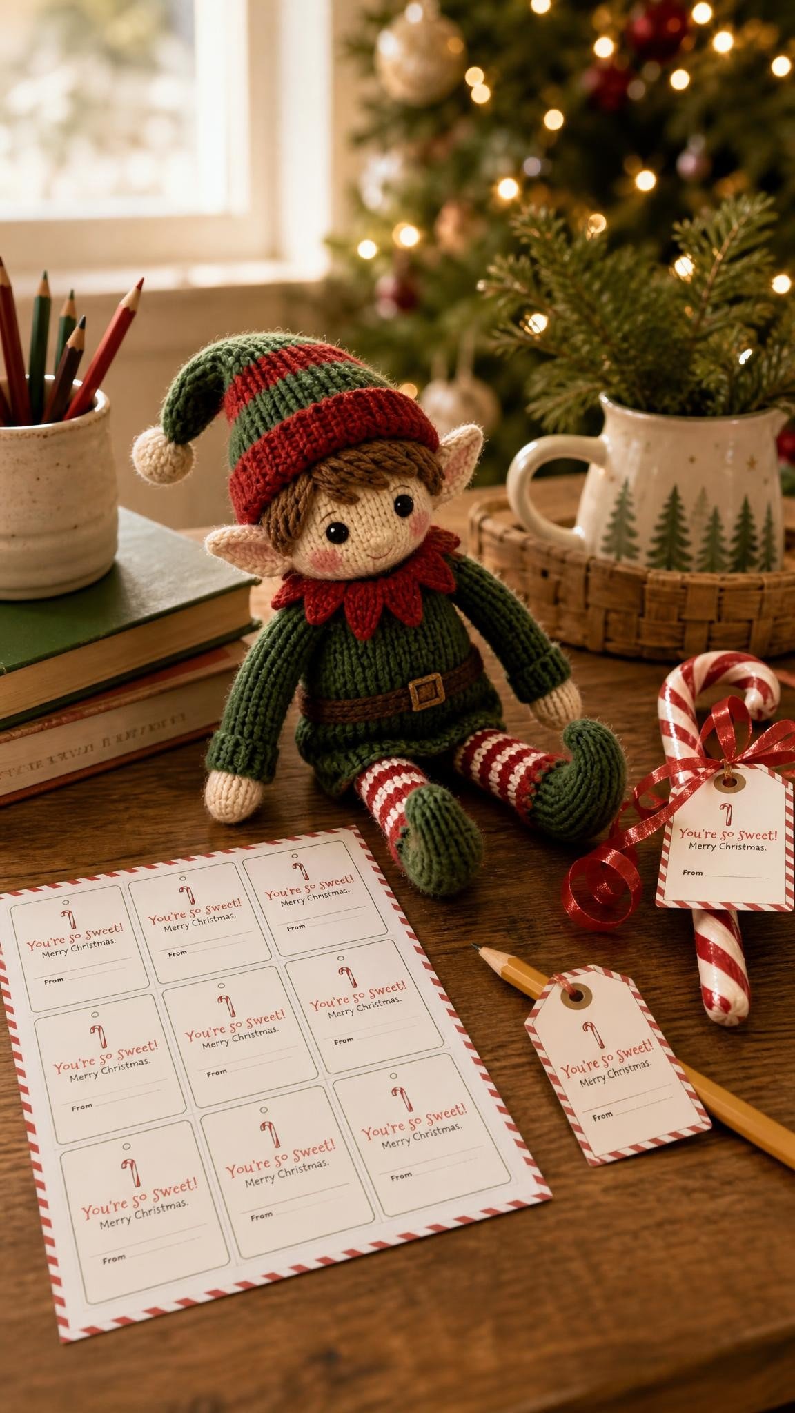 Knitted elf doll beside a pencil and candy cane with printed Christmas gift tags on a desk