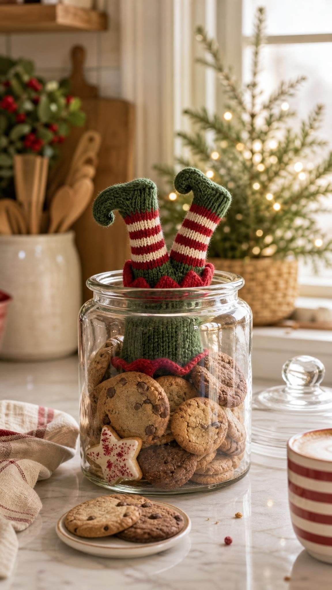Knitted elf doll stuck head first in a glass cookie jar with only its striped legs sticking out of the top