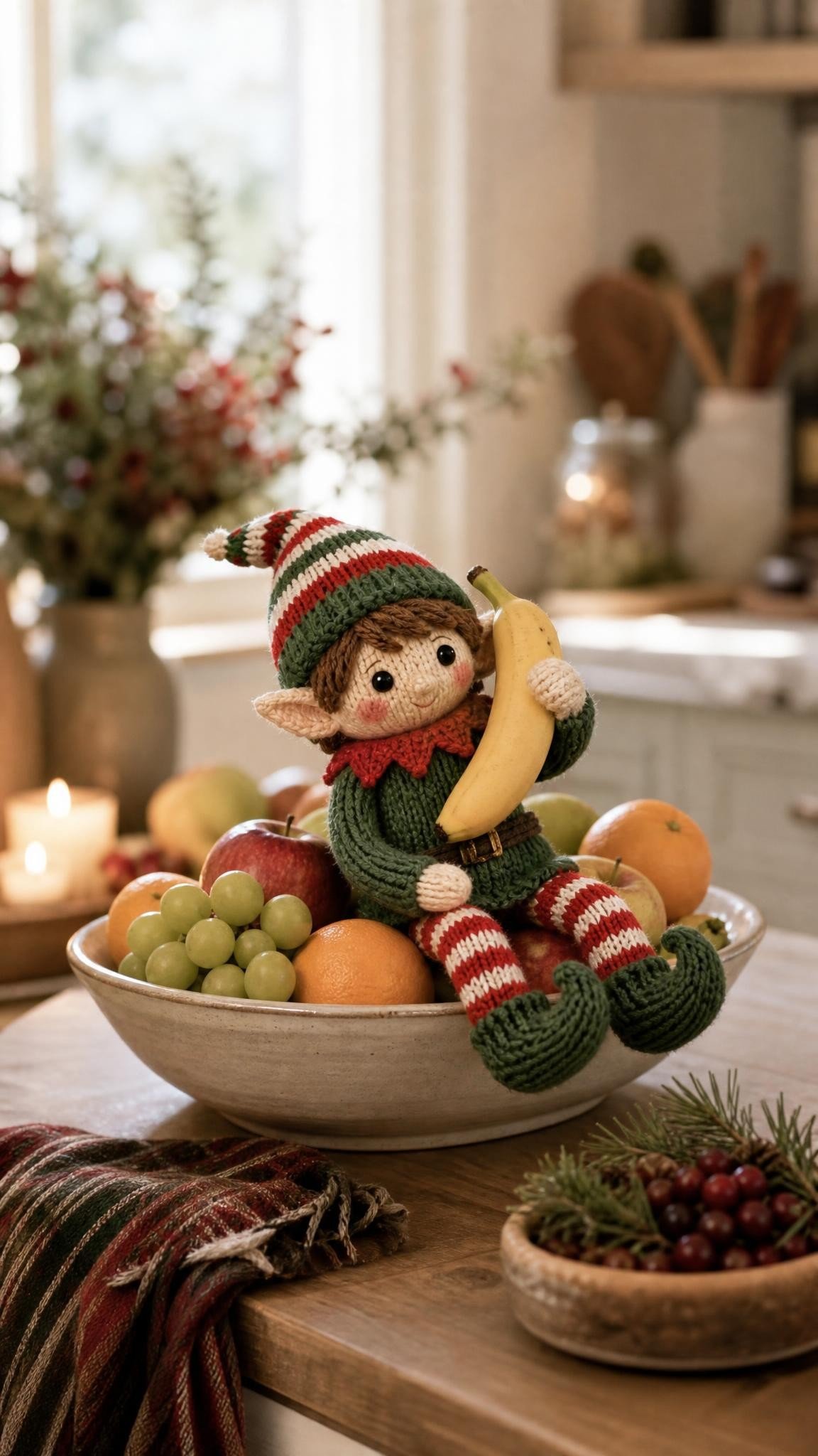 Knitted elf doll sitting on a fruit bowl holding a banana to its ear like a phone