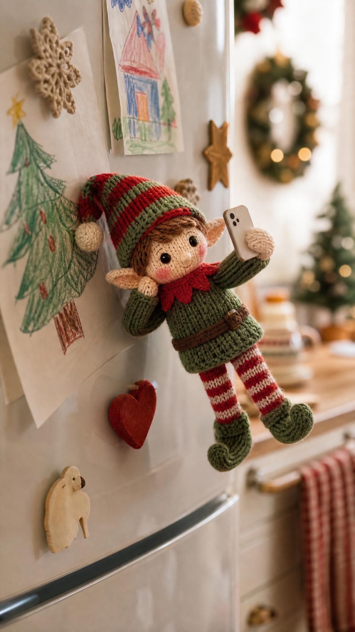 Knitted elf doll taped to a fridge door among family drawings and magnets, holding a tiny paper phone up for a selfie