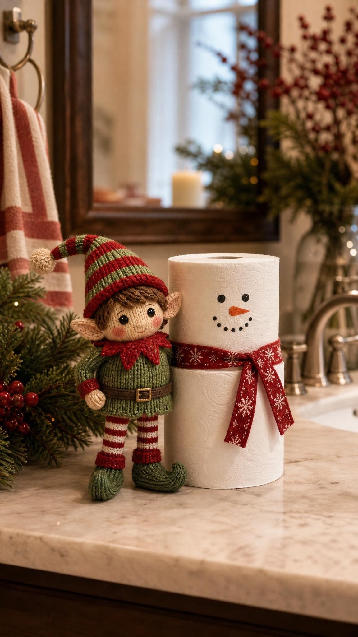 Knitted elf doll standing next to a snowman made of toilet paper rolls with a drawn face and a red ribbon scarf