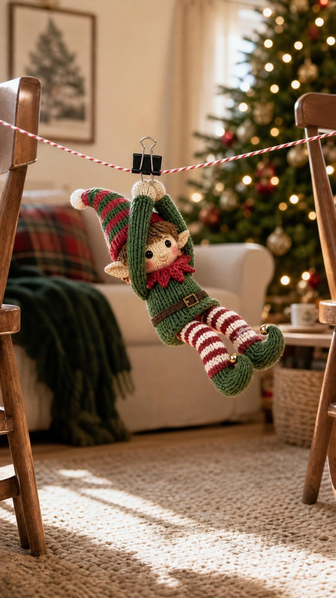 Knitted elf doll zip lining down a string between two chairs in a cozy living room