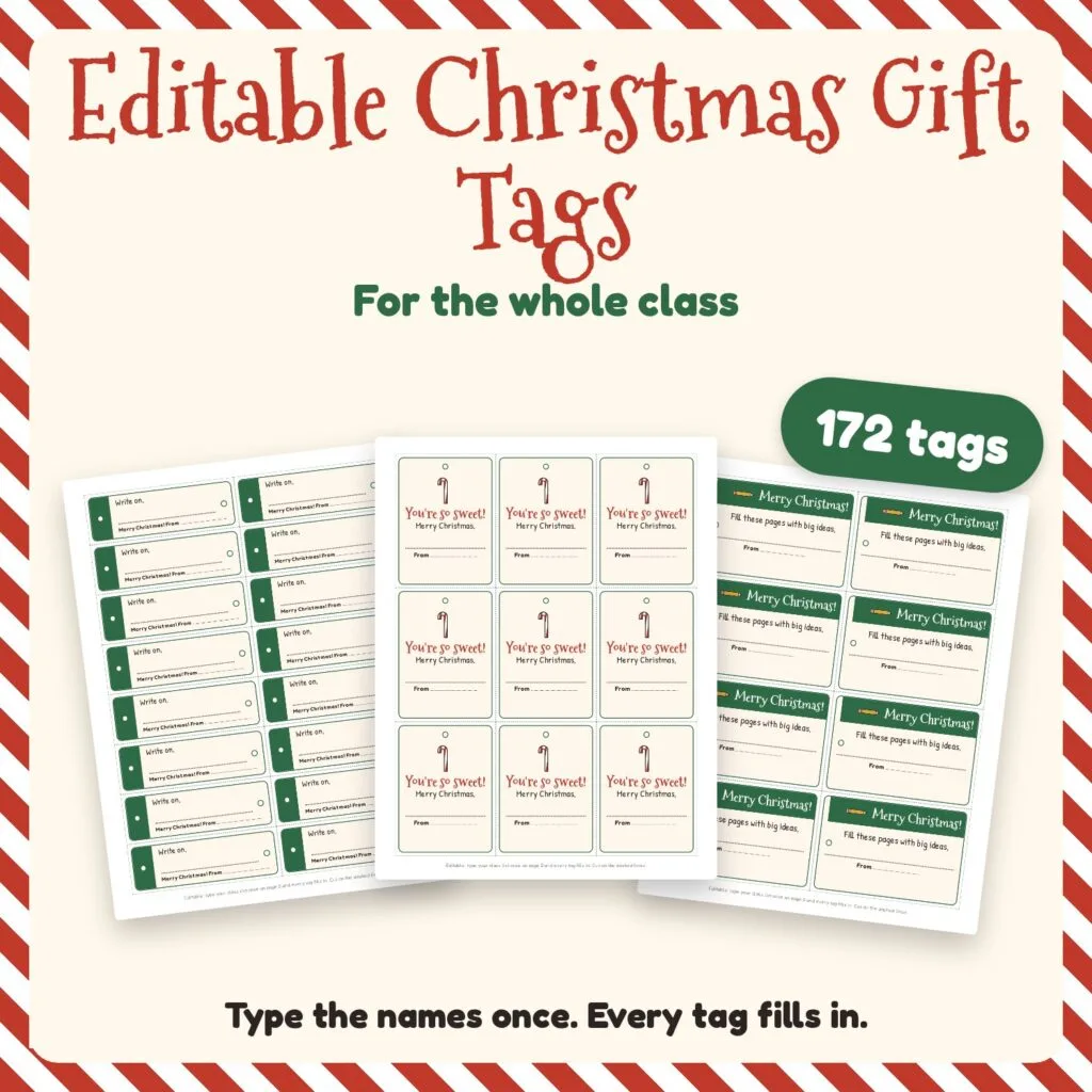 Editable Christmas gift tags for students: pencil, eraser and candy cane tags