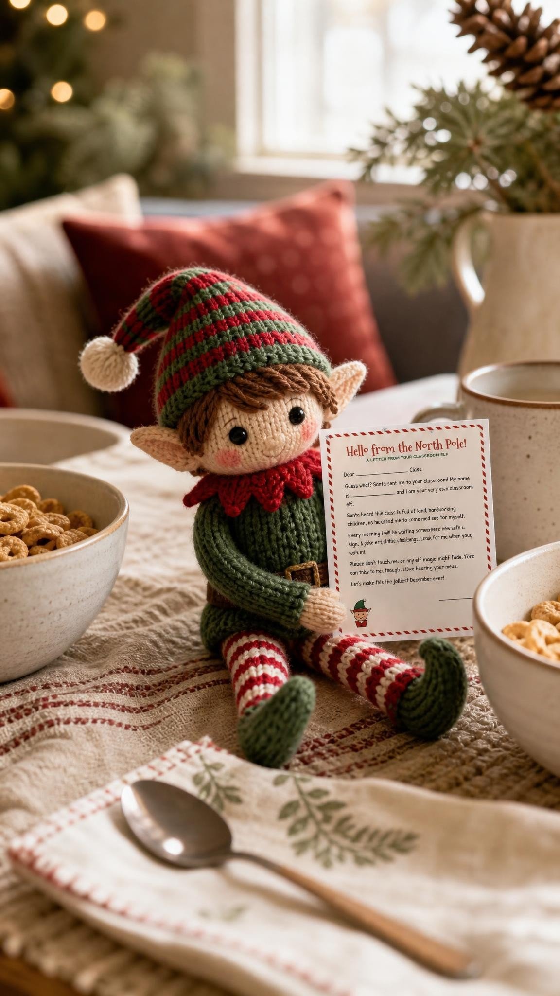 Knitted elf doll between cereal bowls holding a printed elf arrival letter