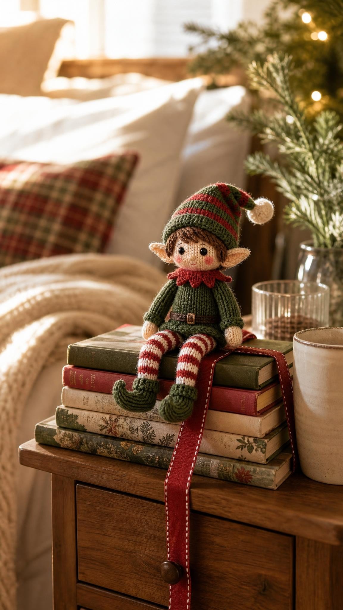 Knitted elf doll sitting on a stack of Christmas picture books tied with ribbon