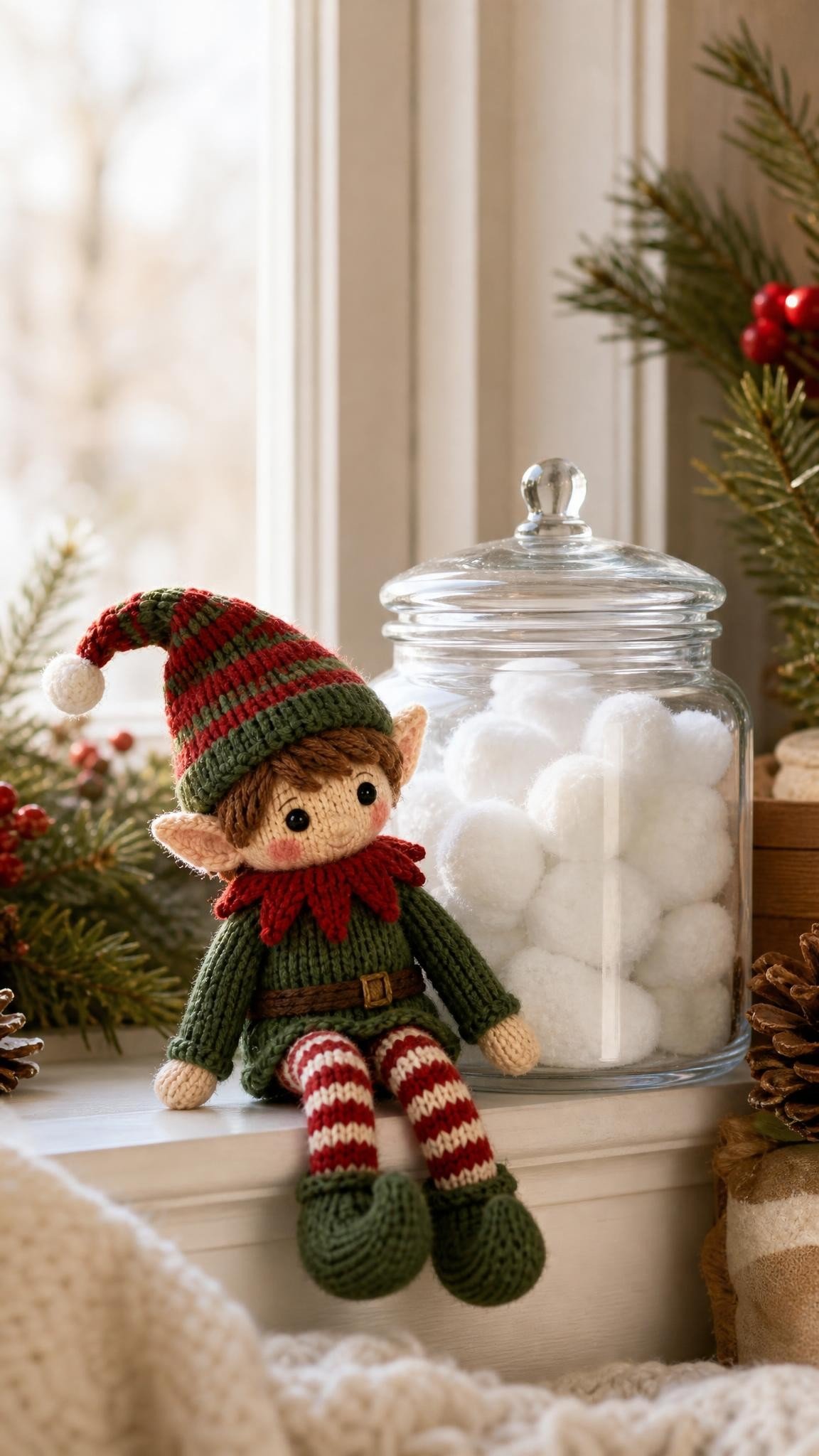 Knitted elf doll beside a glass jar of cotton ball snow on a windowsill