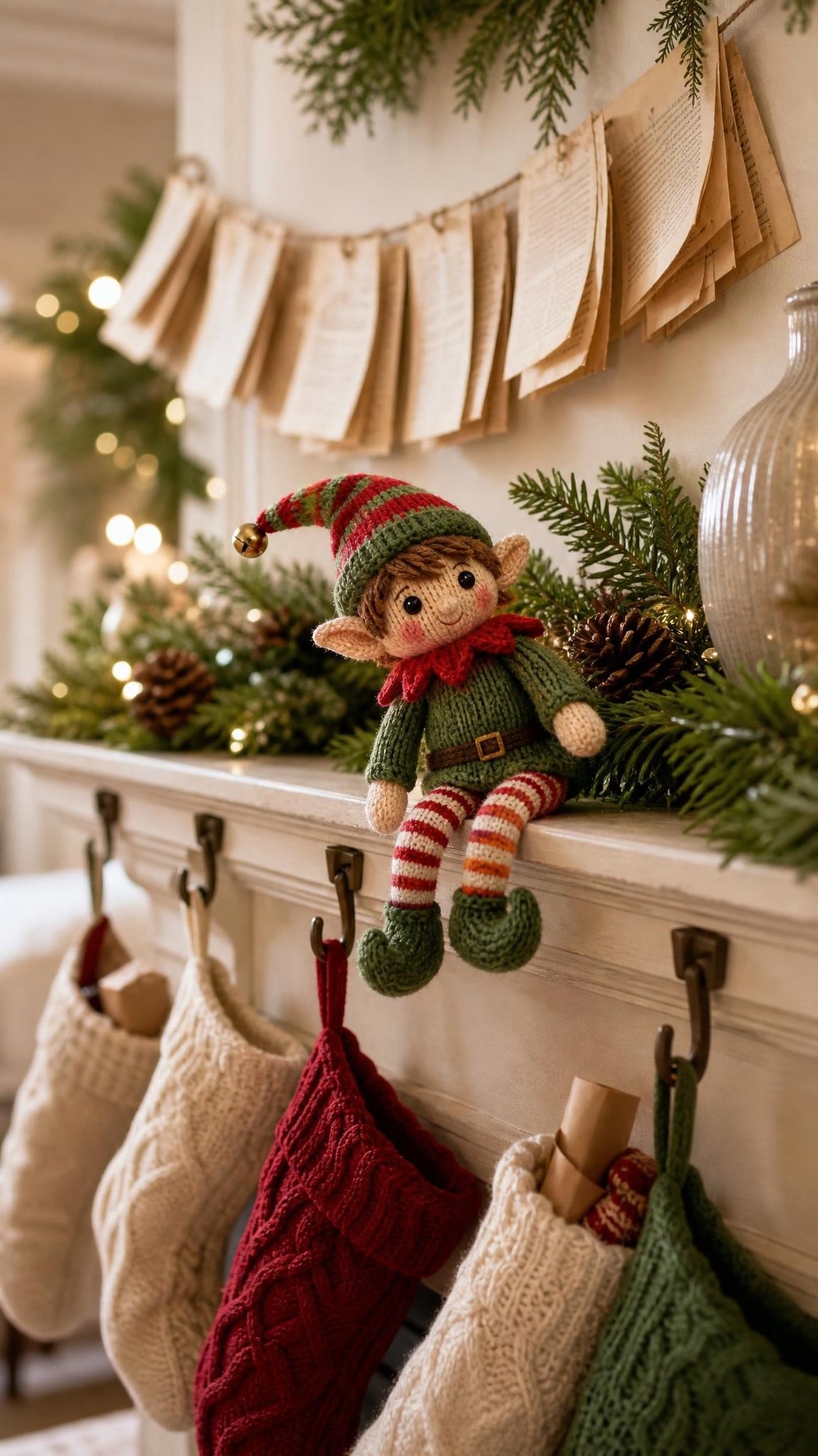 Knitted elf doll on a mantel under a handmade paper banner with stockings below