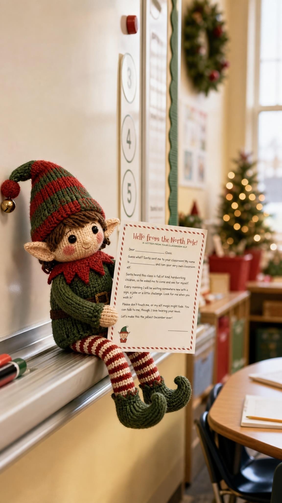 Knitted elf doll on a classroom whiteboard ledge holding a printed elf arrival letter