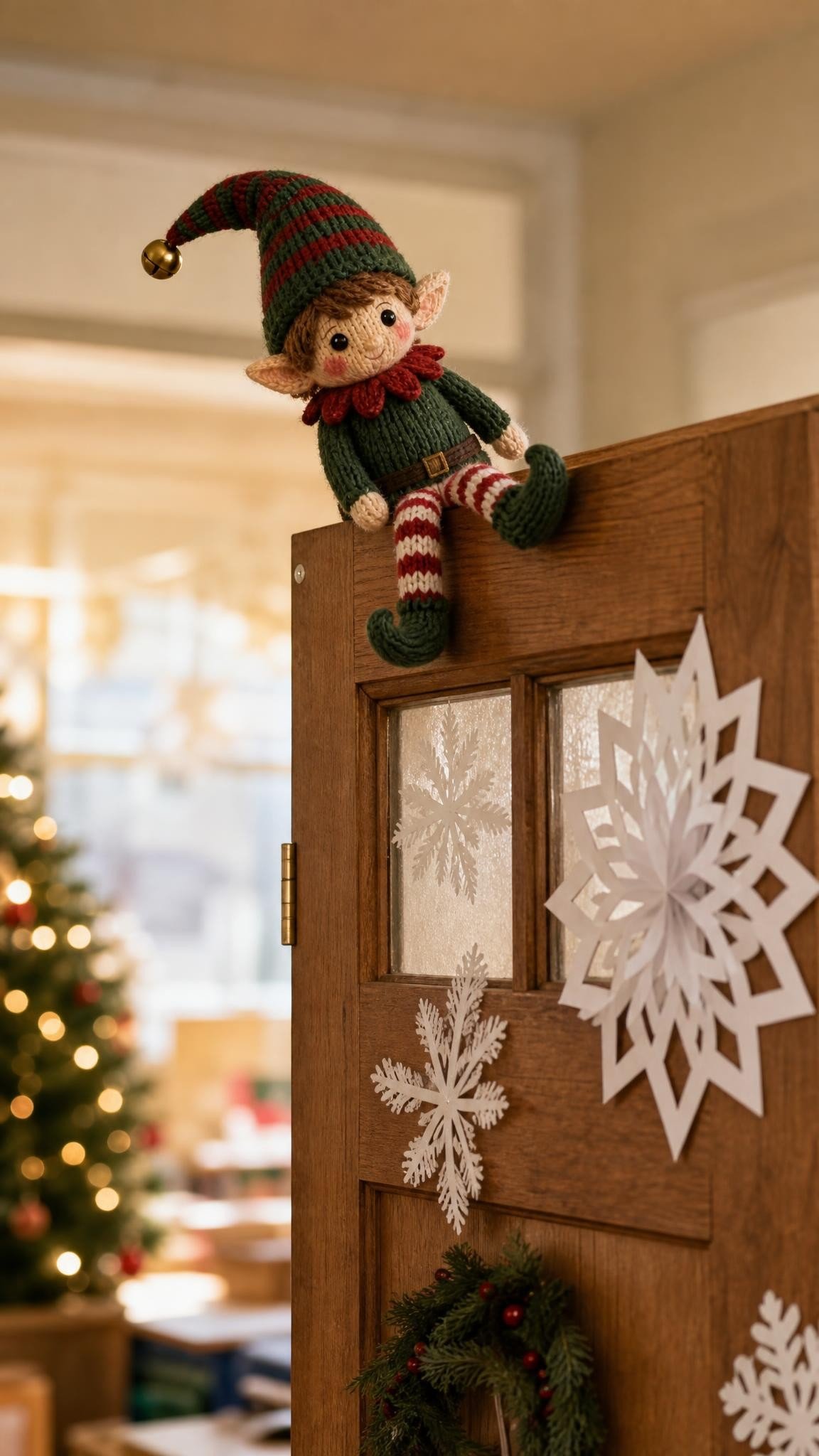 Knitted elf doll perched above a classroom door decorated with paper snowflakes