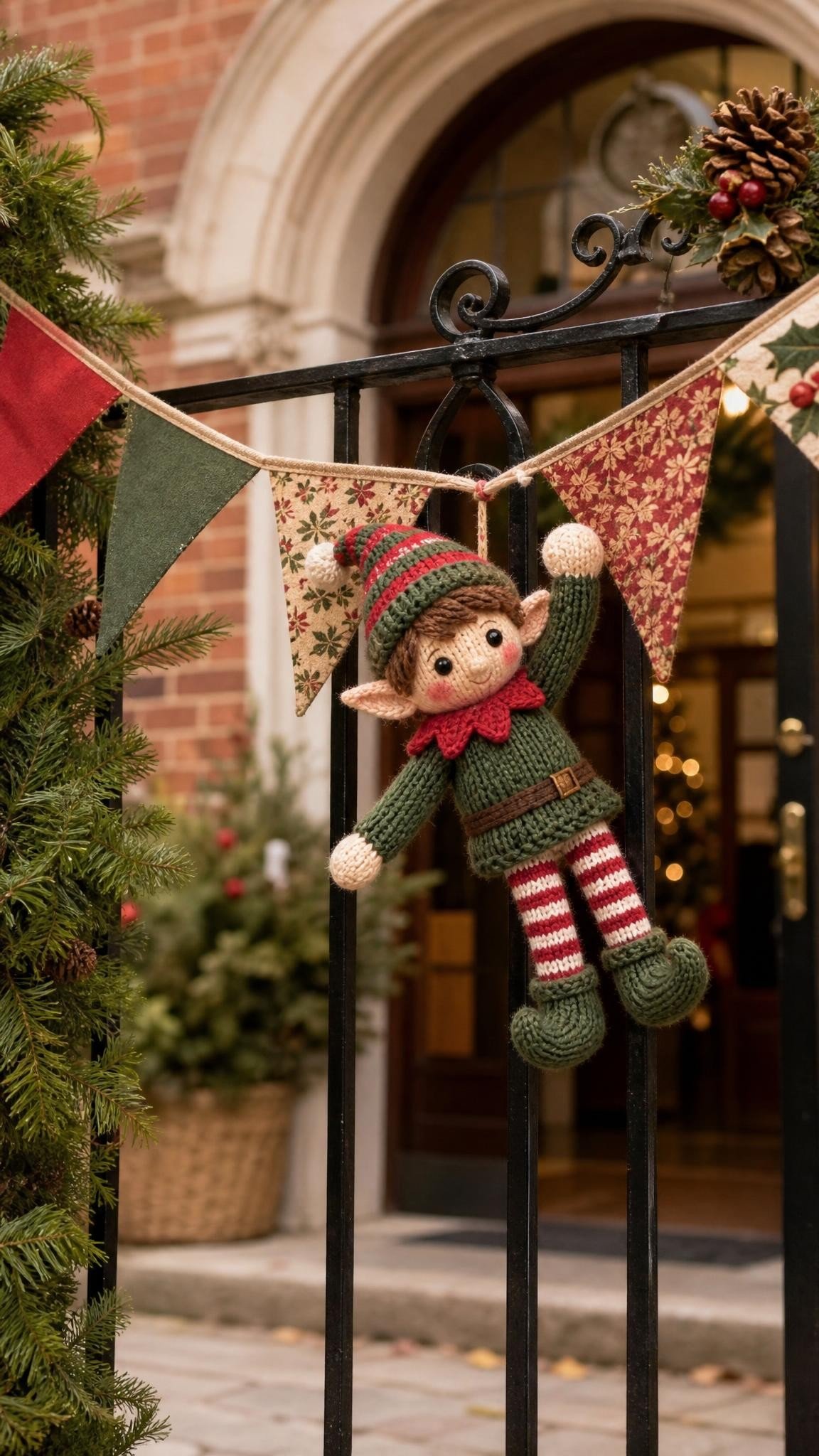 Knitted elf doll hanging from festive bunting at a school entrance gate