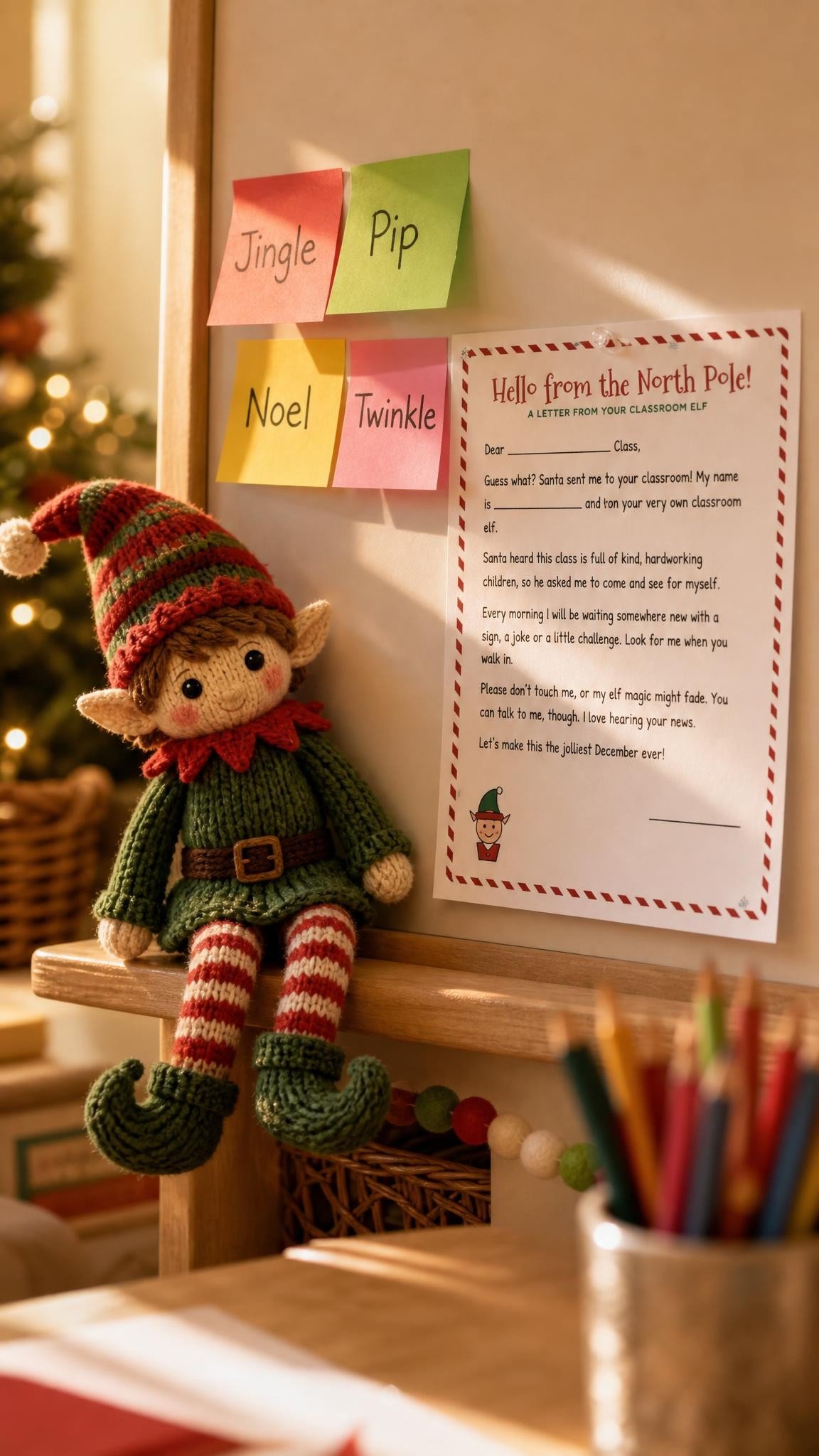 Knitted elf doll beside sticky notes with elf name ideas and a printed classroom elf page
