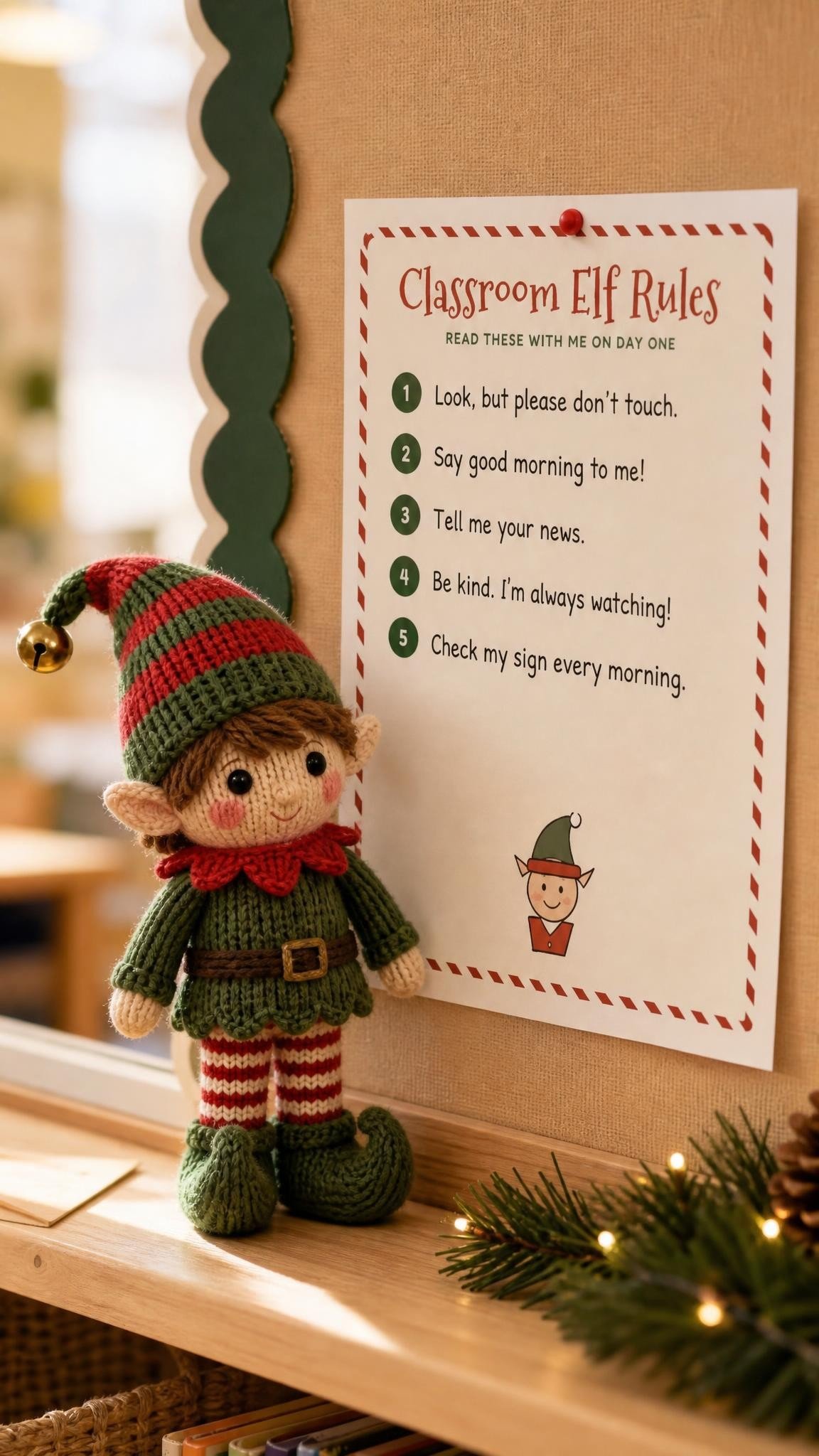 Knitted elf doll beside a printed Classroom Elf Rules poster on a bulletin board