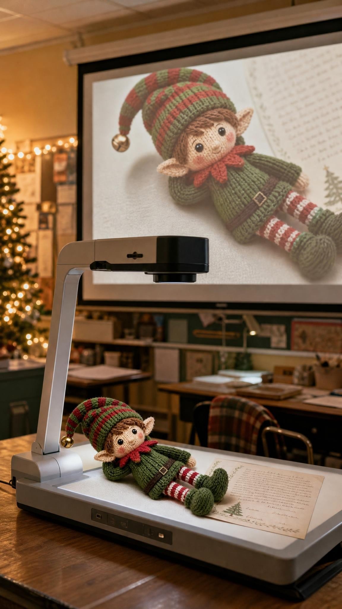 Knitted elf doll under a document camera with its projection on the classroom screen
