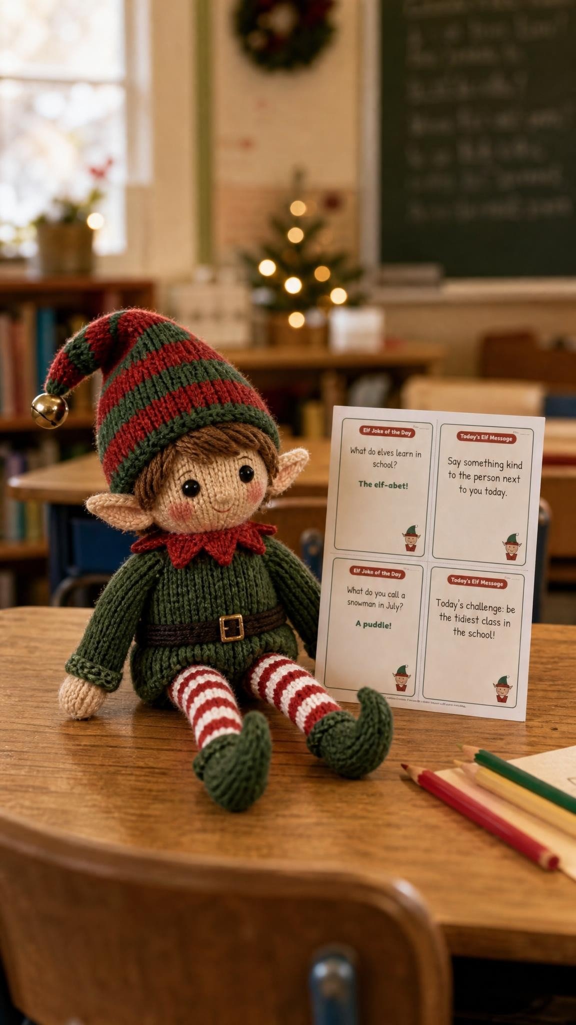 Knitted elf doll on a classroom desk next to a printed elf joke card