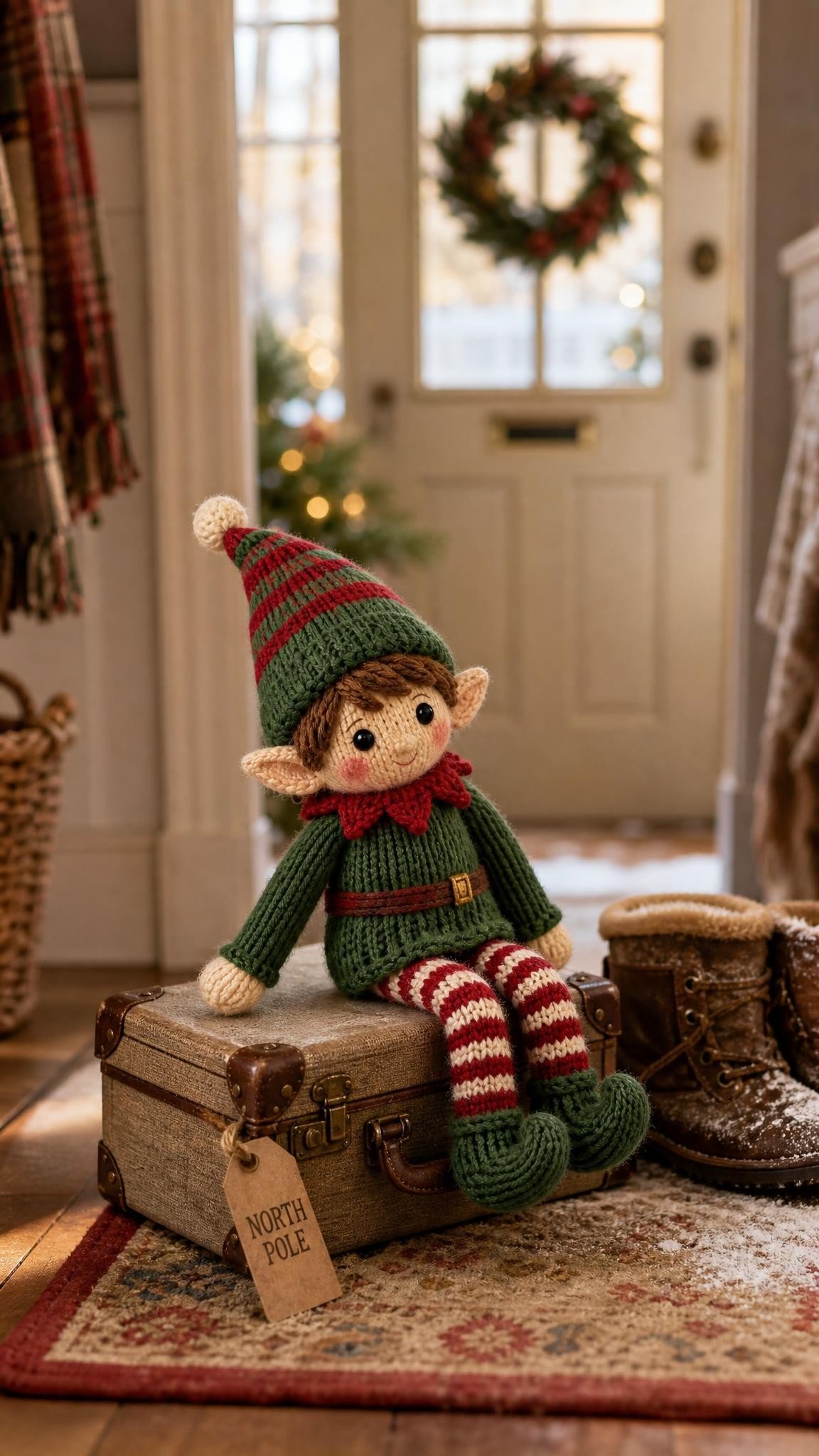 Knitted elf doll sitting on a tiny vintage suitcase with a North Pole luggage tag in a hallway
