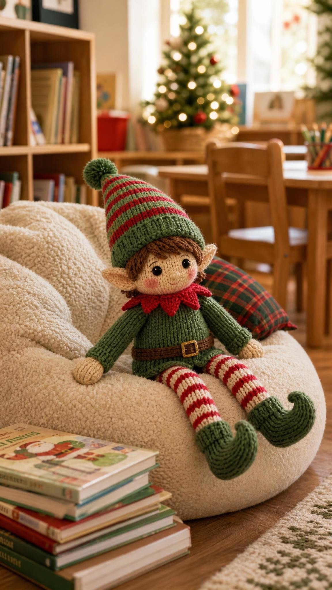 Knitted elf doll on a beanbag in a classroom reading corner with Christmas books