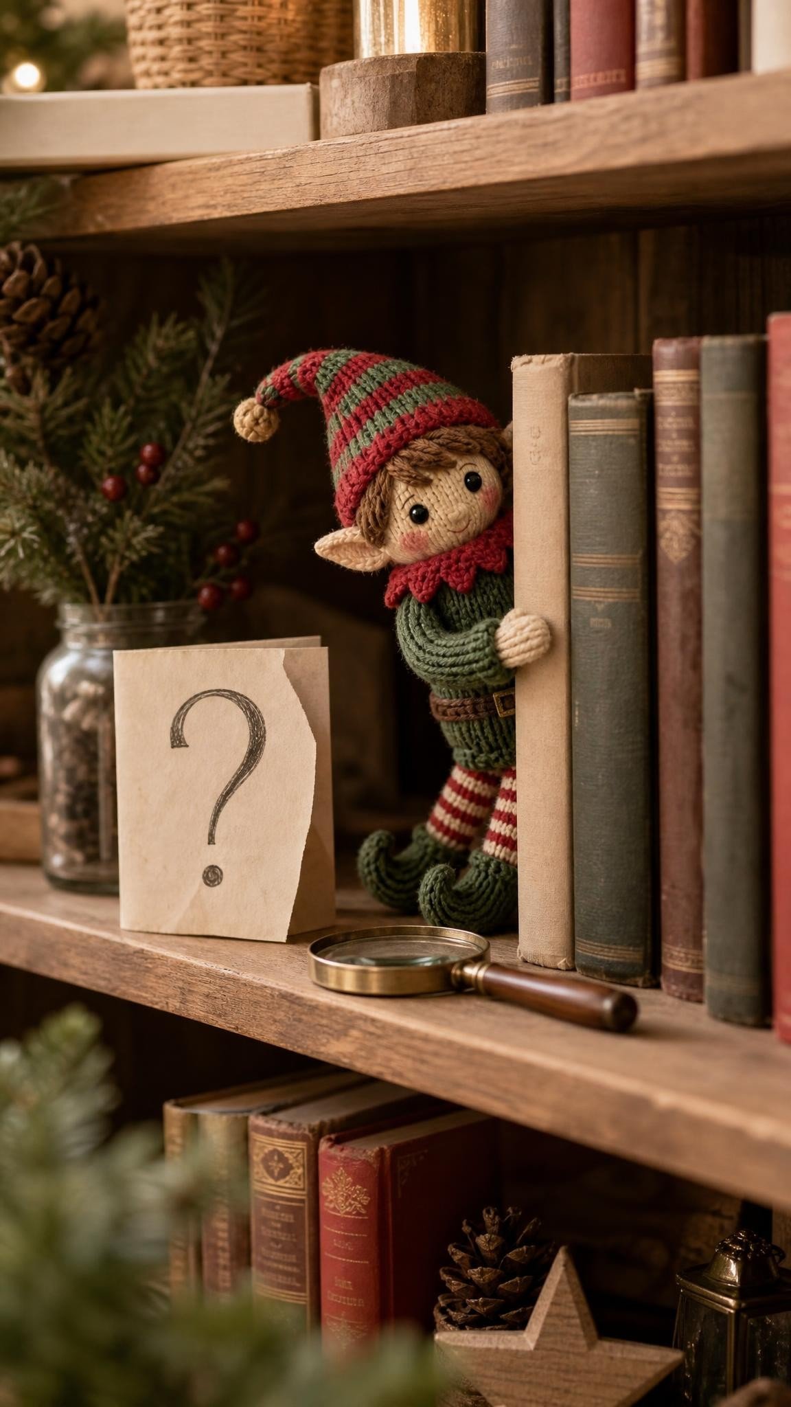 Knitted elf doll half hidden behind books next to a riddle note and magnifying glass
