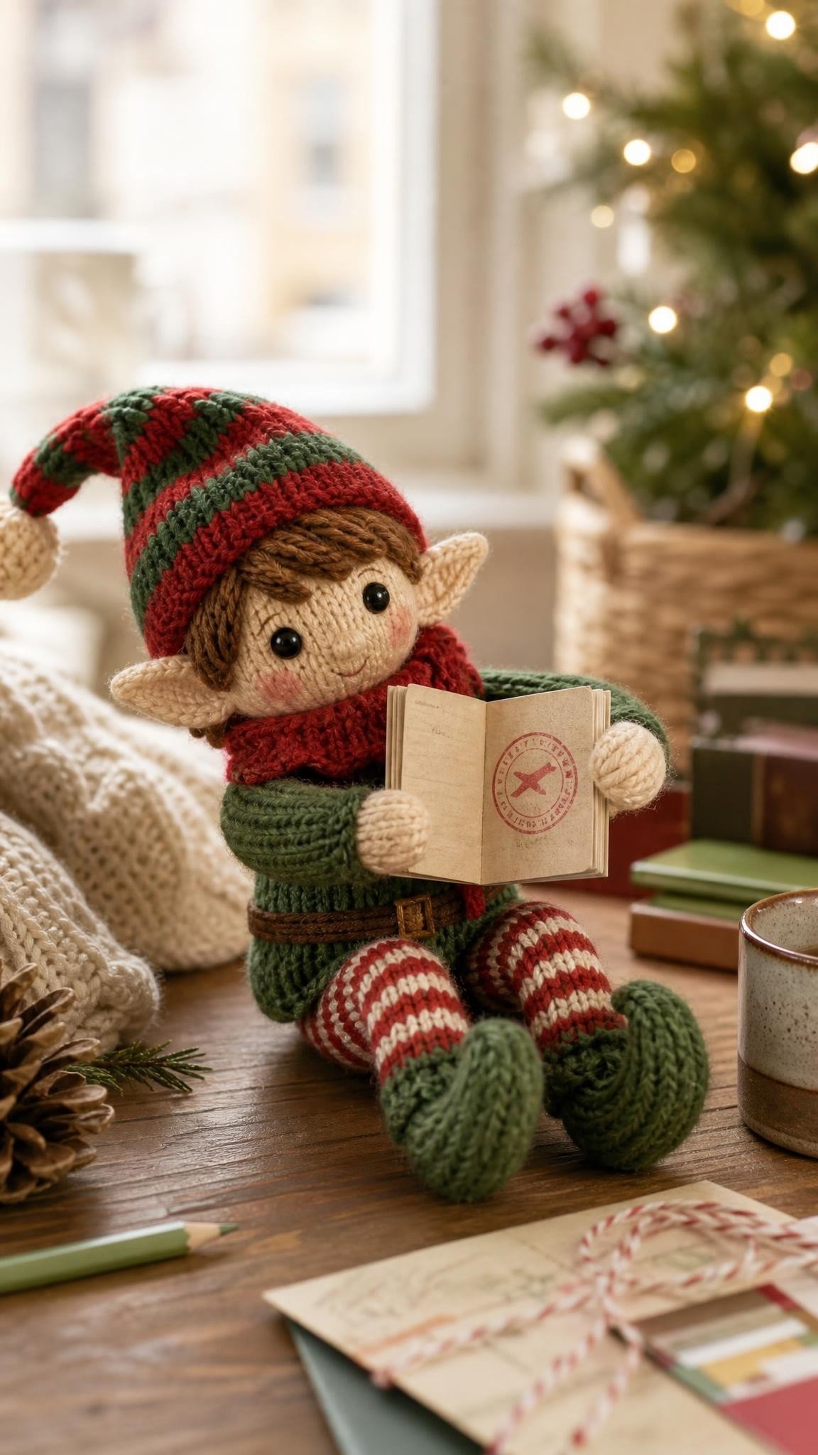 Knitted elf doll holding a tiny handmade paper passport