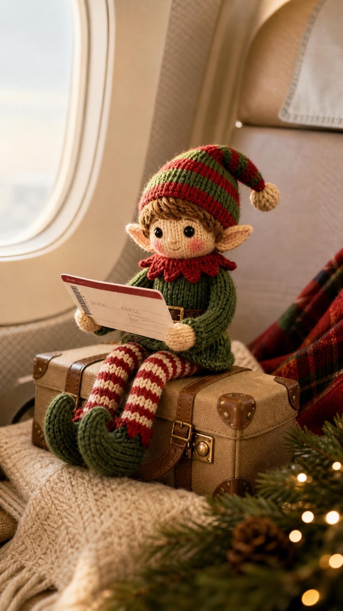 Knitted elf doll on a tiny suitcase holding a paper boarding pass