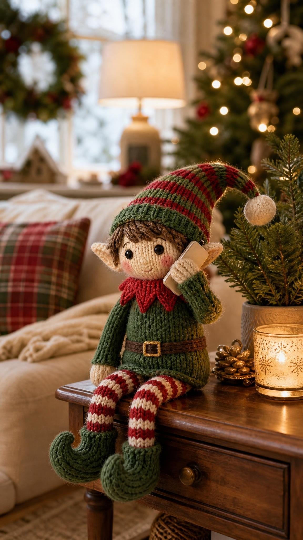 Knitted elf doll holding a paper phone to its ear on a side table