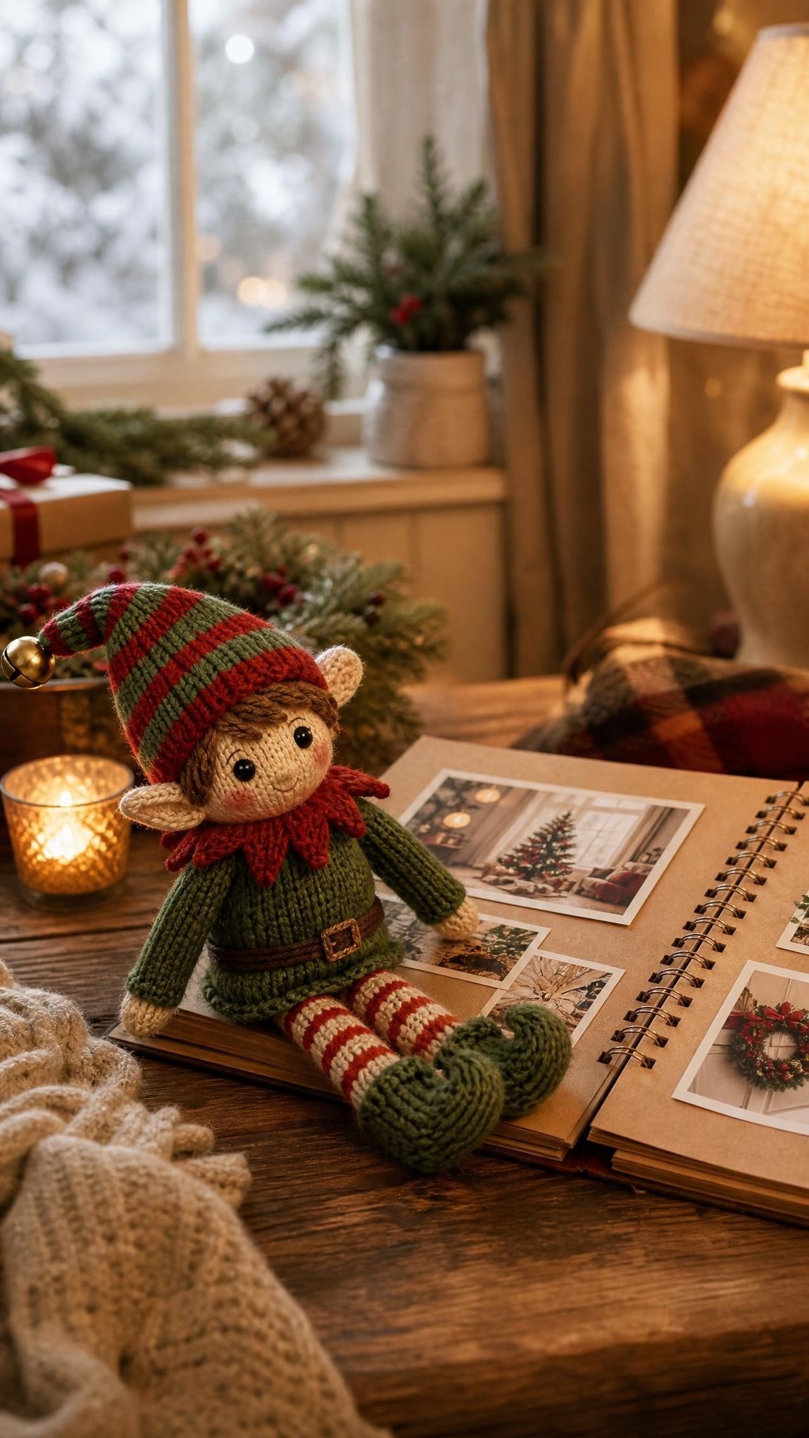 Knitted elf doll next to an open scrapbook of family Christmas photos