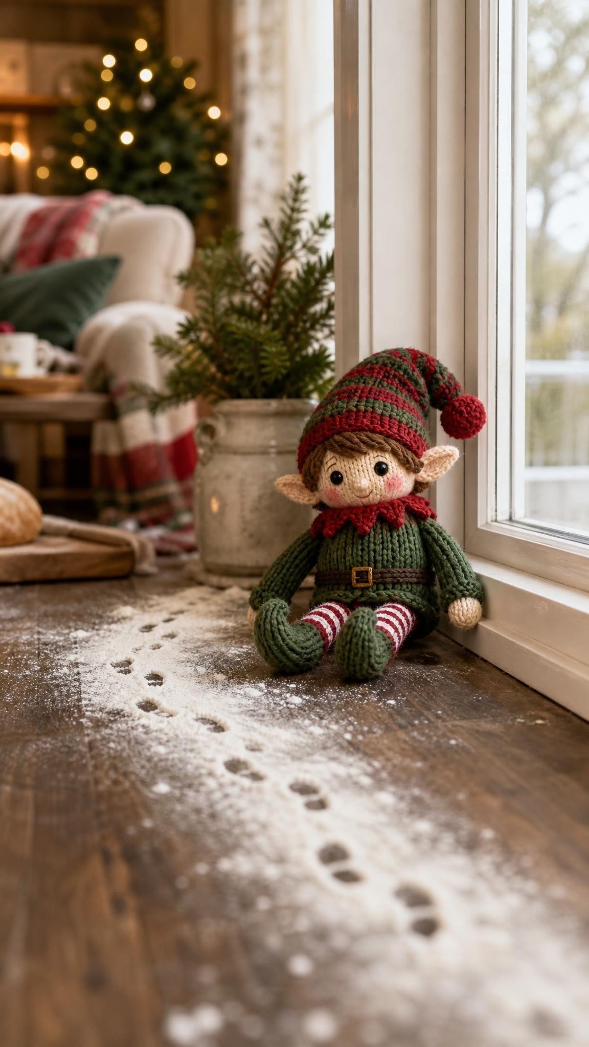 Tiny footprints in flour on a wooden floor leading to a knitted elf doll by a window