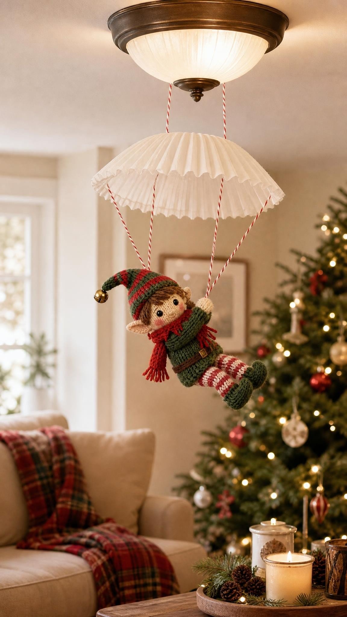 Knitted elf doll floating down under a coffee filter parachute in a living room