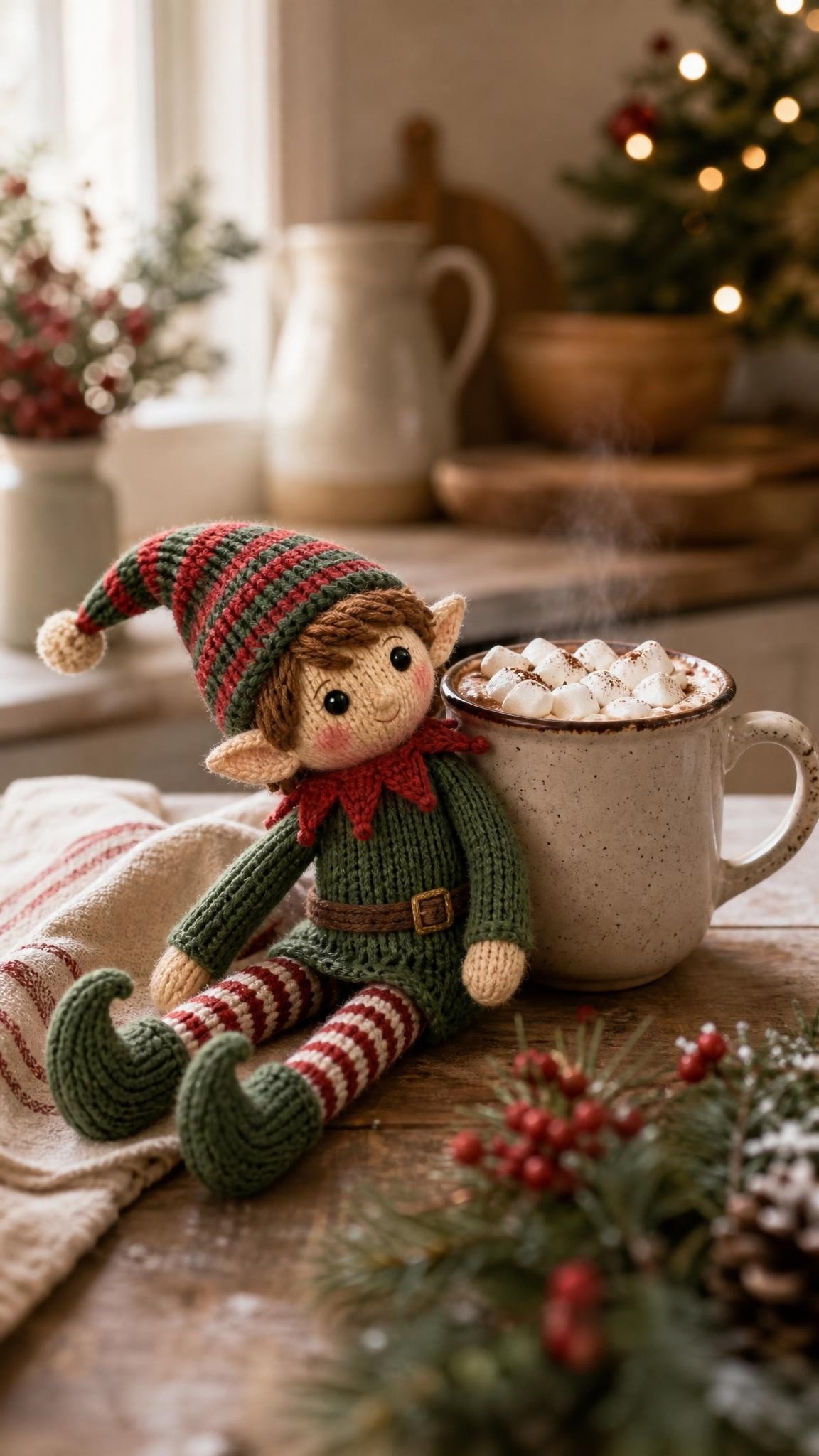 Knitted elf doll next to a mug of hot cocoa with marshmallows