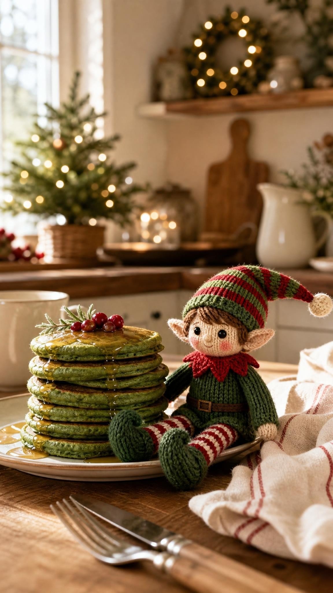 Knitted elf doll beside a stack of green pancakes on a breakfast table