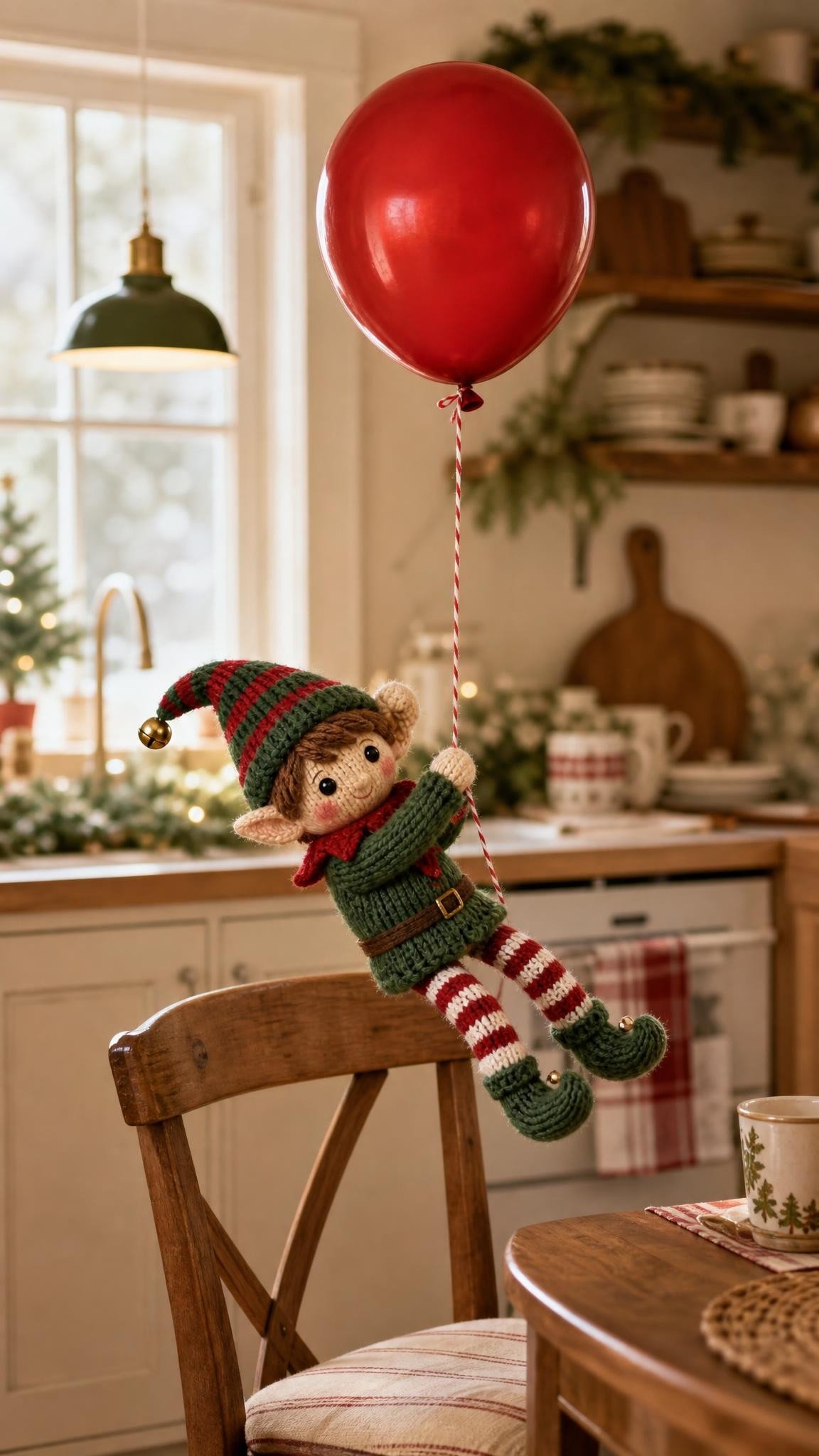 Knitted elf doll holding a red balloon above a kitchen chair