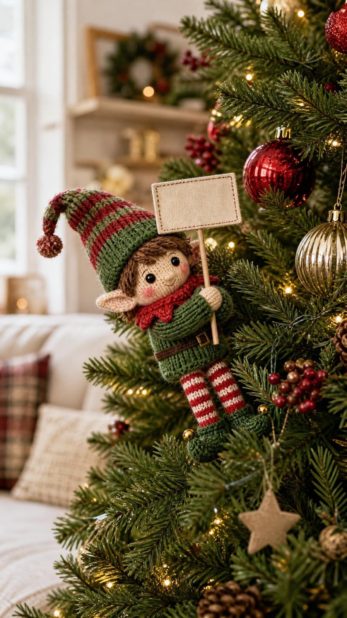 Knitted elf doll peeking out of a decorated Christmas tree holding a tiny sign