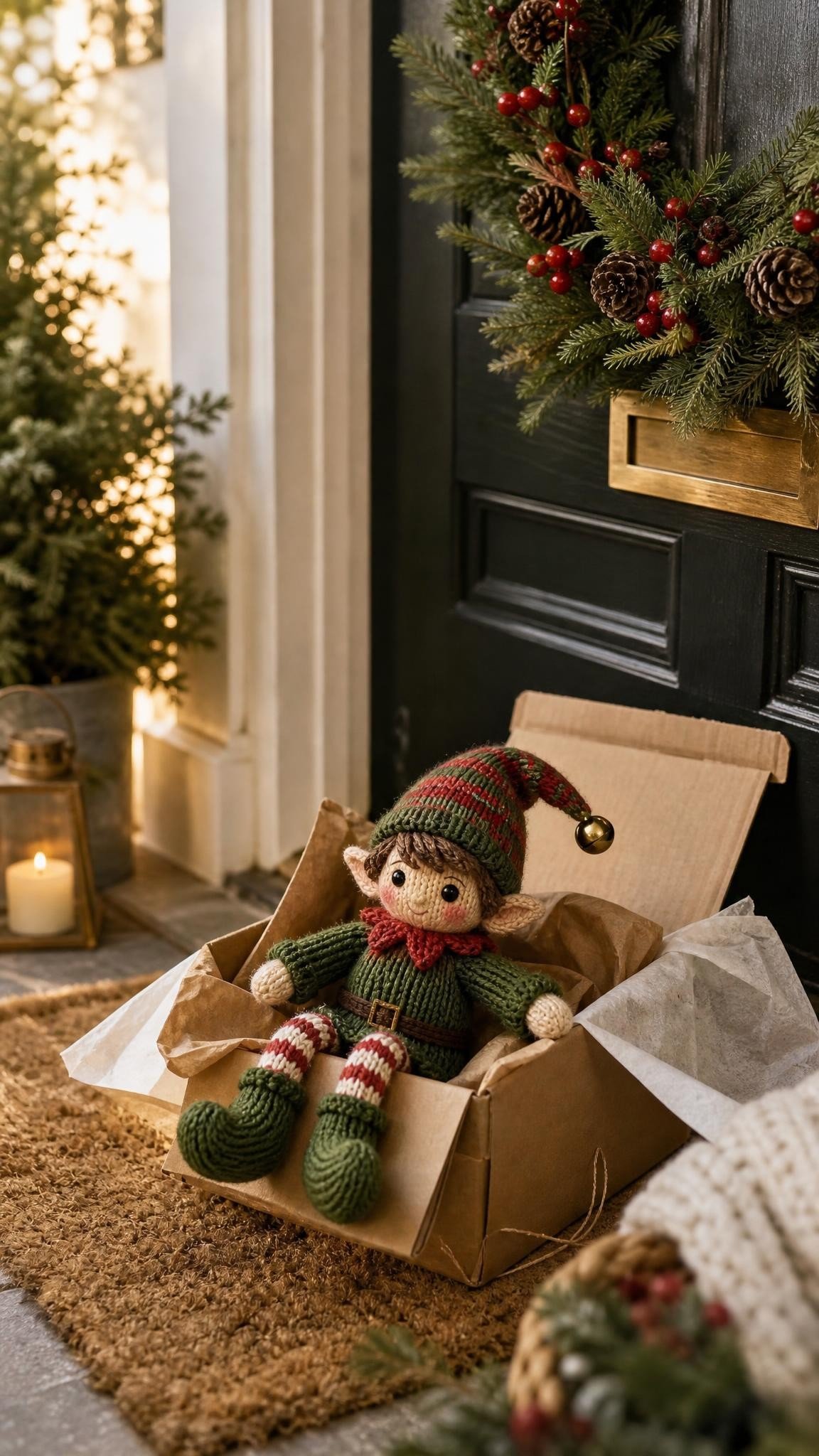 Knitted elf doll sitting in a small parcel box on a front doormat