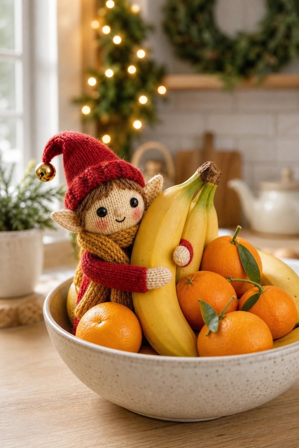 Hugging a banana in the fruit bowl