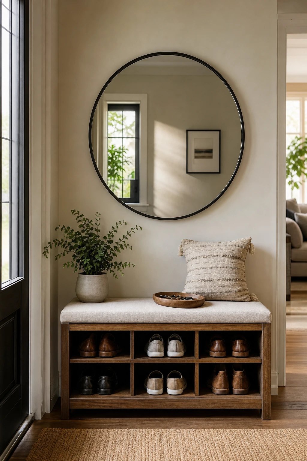 A mirror above the bench