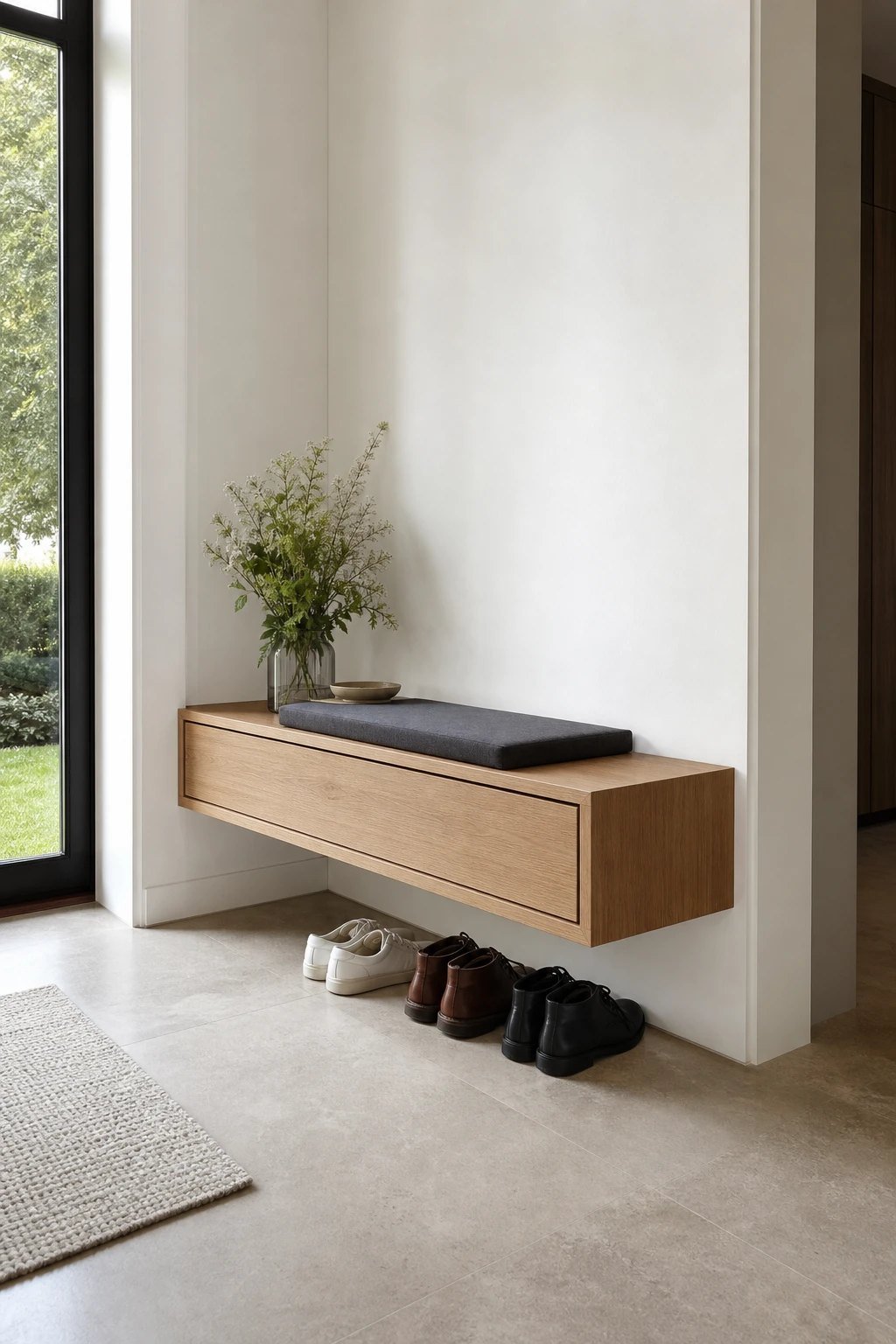 A floating bench with a drawer