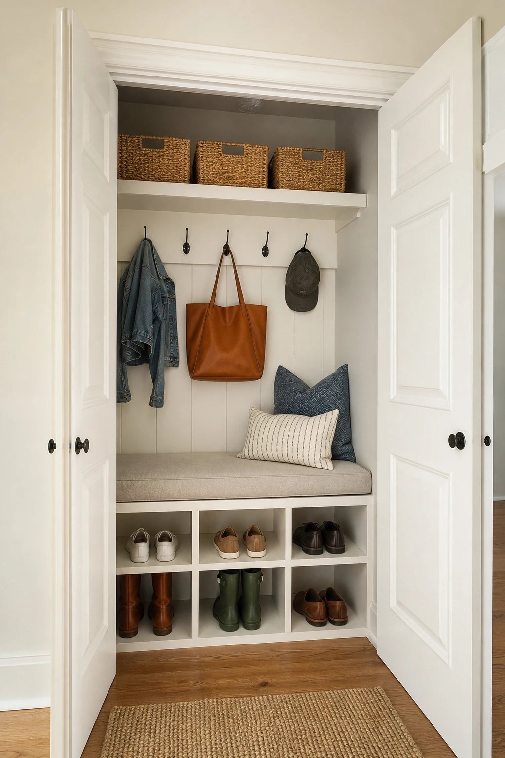 A bench inside a closet